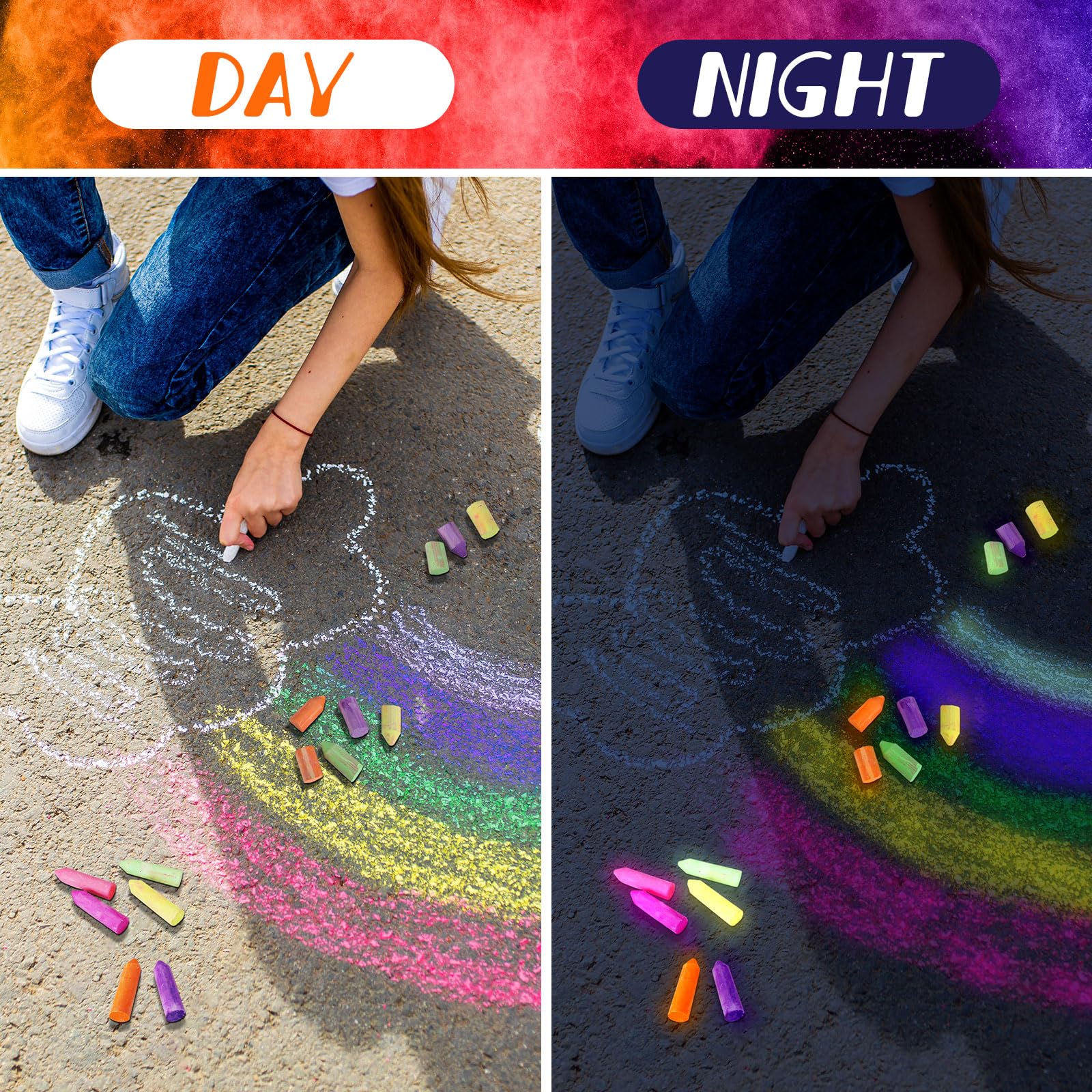 12-Pack UV Neon Glow in the Dark Chalk - 6 Vibrant Colors, Dustless & Washable Sidewalk Chalk for Kids Outdoor Play, Birthday Party Supplies, Blacklight Activities, Chalkboard Drawing & Playground Fun