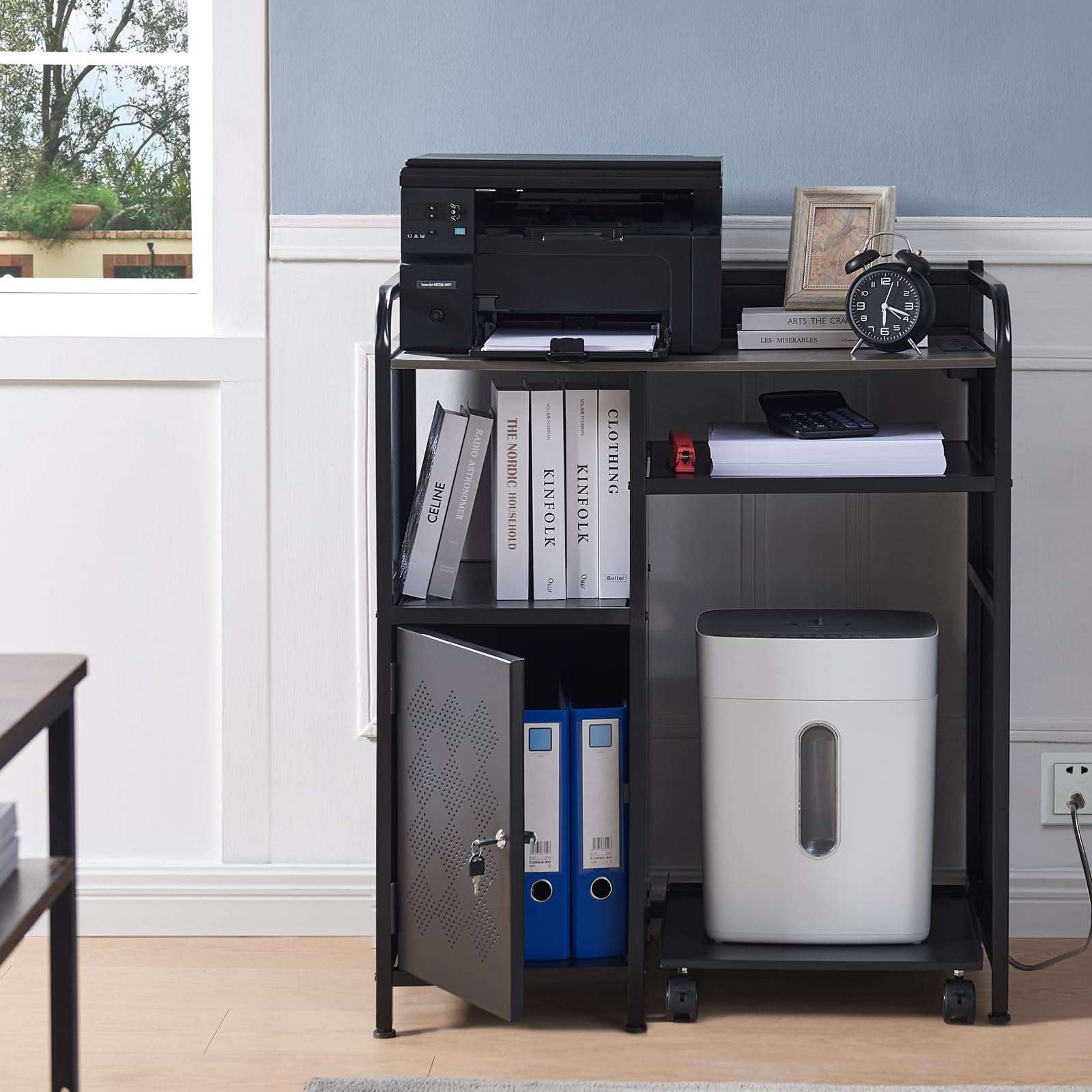 Heavy-Duty Printer Stand with Storage - Adjustable Printer Table with Power Outlet & USB Ports - Home Office Desk Organizer with Paper Shredder Shelf & PC Tower Stand on Wheels - Perfect for Workspace Organization & Multi-Functional Home Office Setup