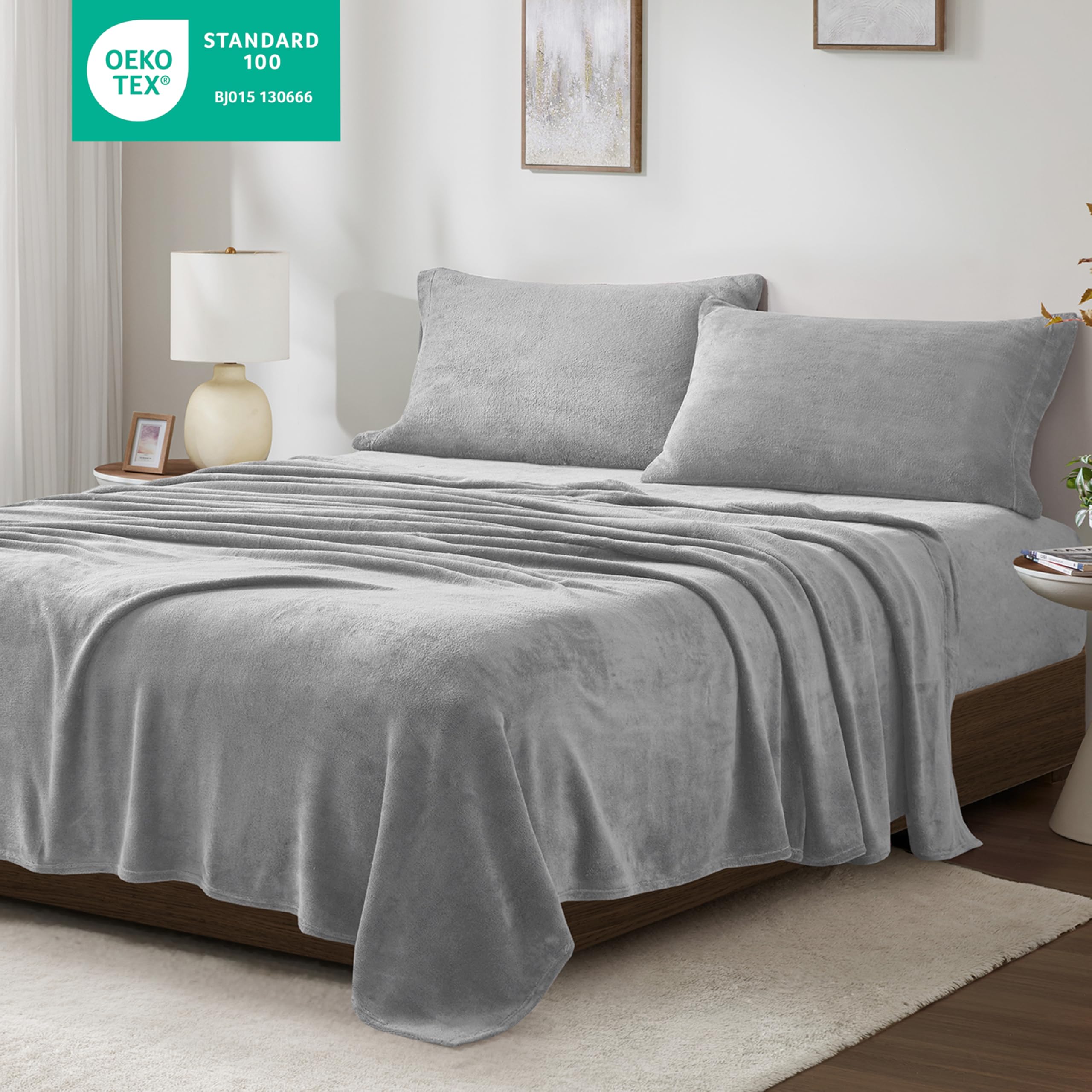 True North by Sleep Philosophy 4-Piece Plush Sheet Set - Queen Size, Solid Grey, Ultra Soft & Warm Bedding, Deep Pocket Fits 16