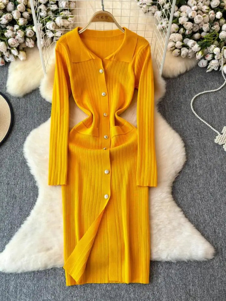 Autumn 2024 Women's Solid Color Single Breasted Knit Long Dress - French Elegant Office Wear Long Sleeve Dress for Work & Formal Occasions