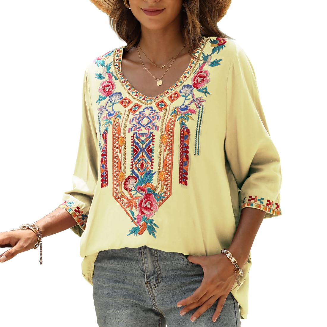 AK Embroidered Peasant Blouse for Women - 3/4 Sleeve Mexican Tunic Top with V-Neck - Traditional Embroidered Casual Shirt for Boho Style, Festivals & Everyday Wear