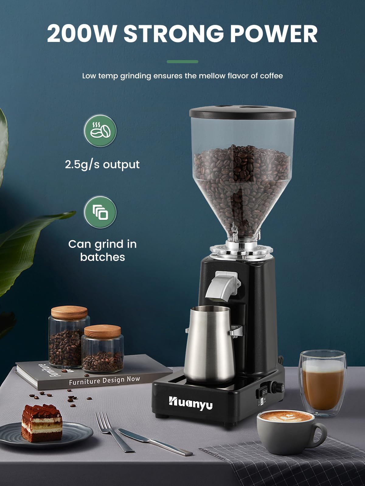 Huanyu Electric Coffee Grinder - Adjustable Flat Burr Mill with 19 Precise Grind Settings, 35oz Capacity for 36 Cups - Perfect for Espresso, French Press, Cold Brew & Pour Over Coffee - Automatic Coffee Bean Grinding Machine for Home & Office Use