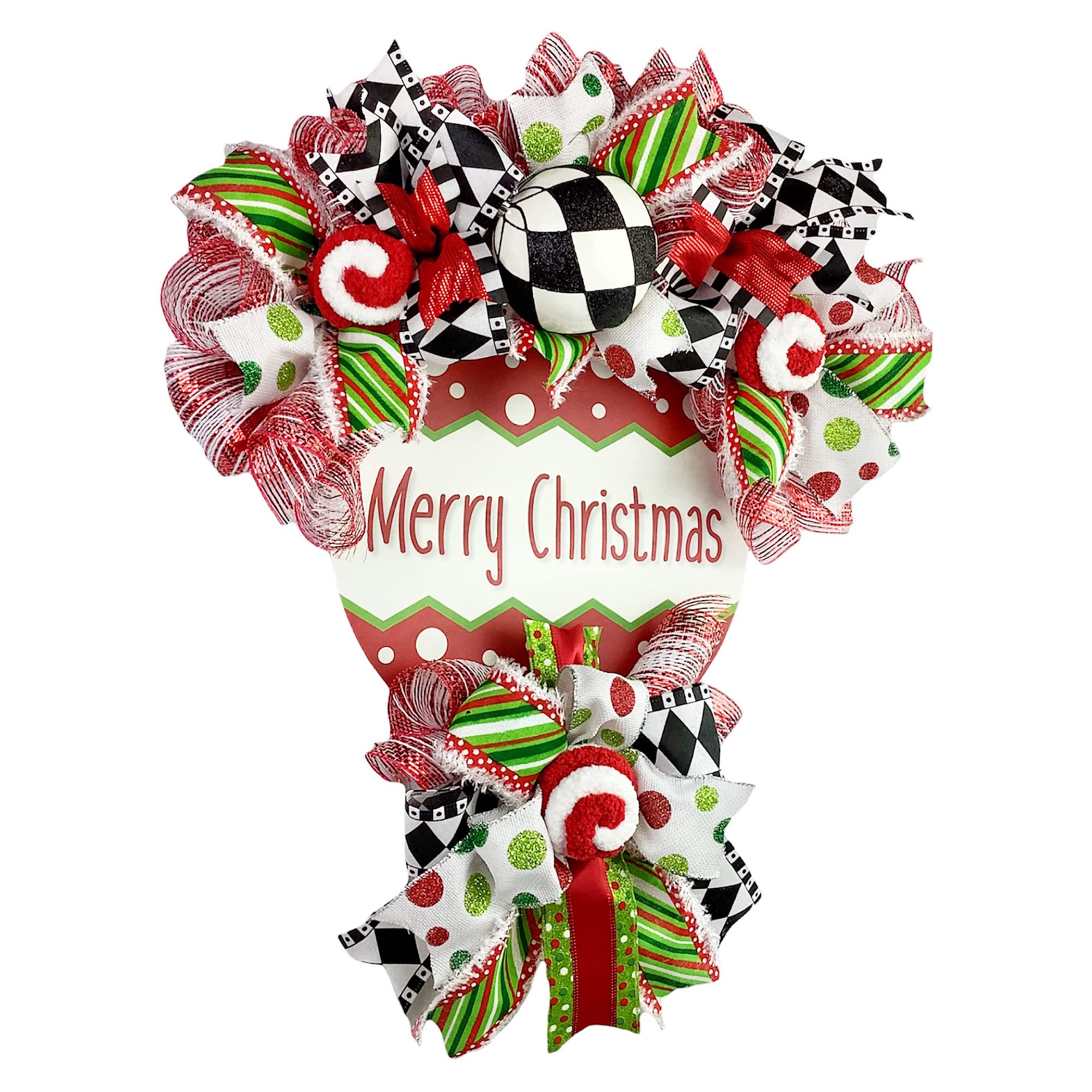 Handmade Merry Christmas Polka Dot Door Hanger - Festive Outdoor Christmas Door Decor with Whimsical Ribbons & Ornaments - Perfect for Front Door Holiday Decorating & Seasonal Home Decoration