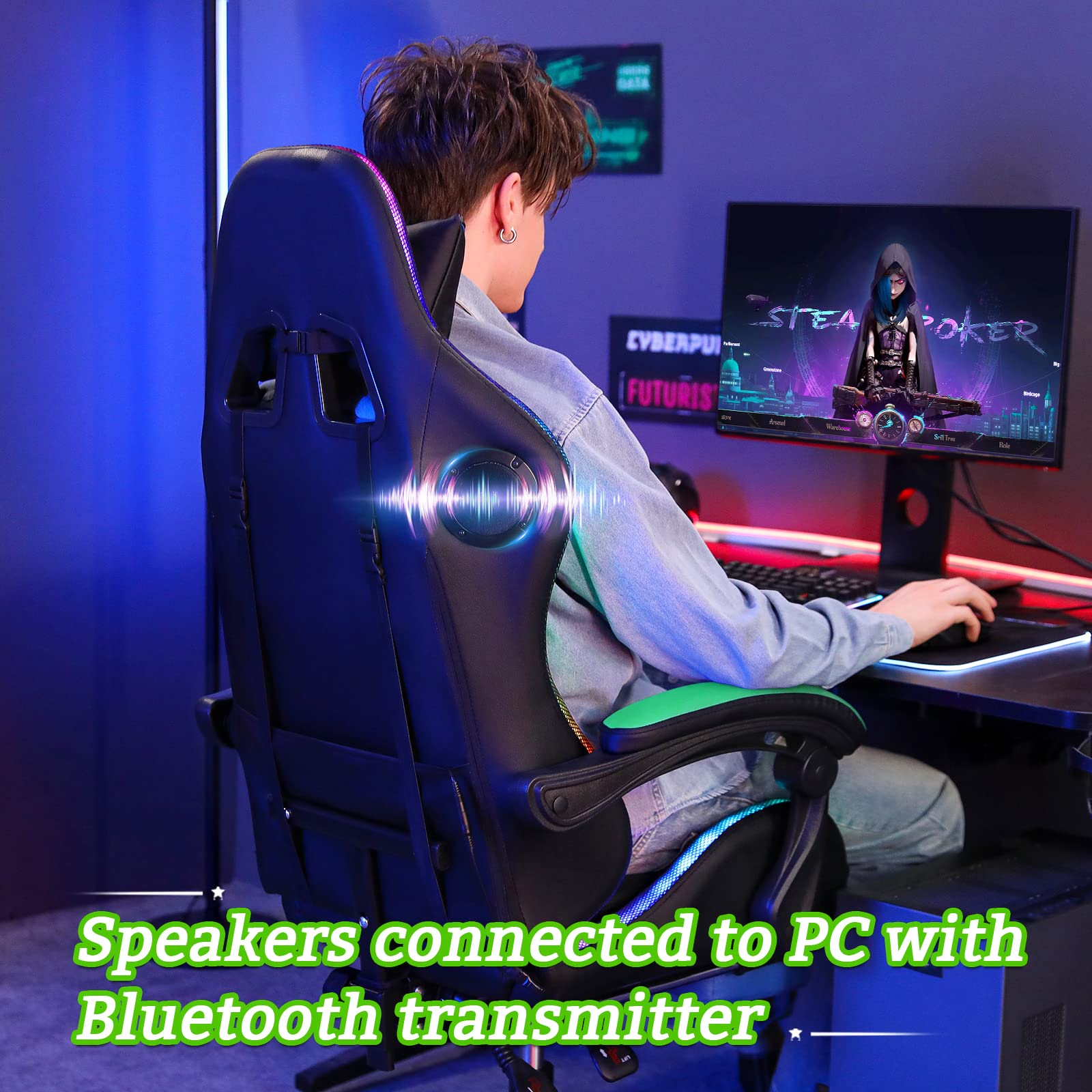 Ergonomic Gaming Chair with Bluetooth Speakers, RGB LED Lights & Lumbar Support - Massage Computer Chair with Adjustable Footrest for PC & Console Gamers (Light Green/Black) - Perfect for Esports, Streaming & Home Office Setup