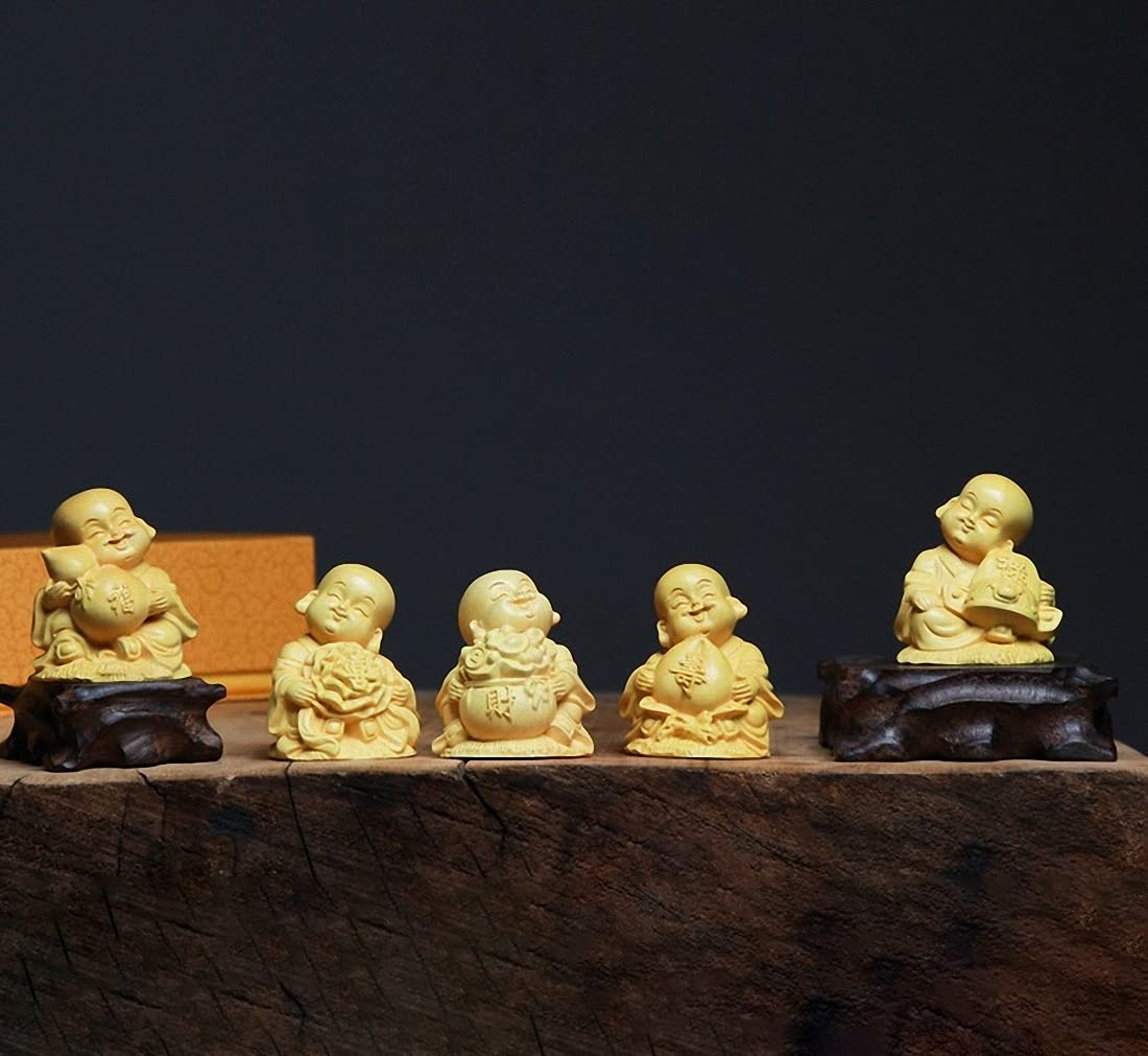 5PCS Natural Boxwood Hand Carved Chinese Fu Kid Statue Sets - Feng Shui Decor for Home, Office & Gift Giving