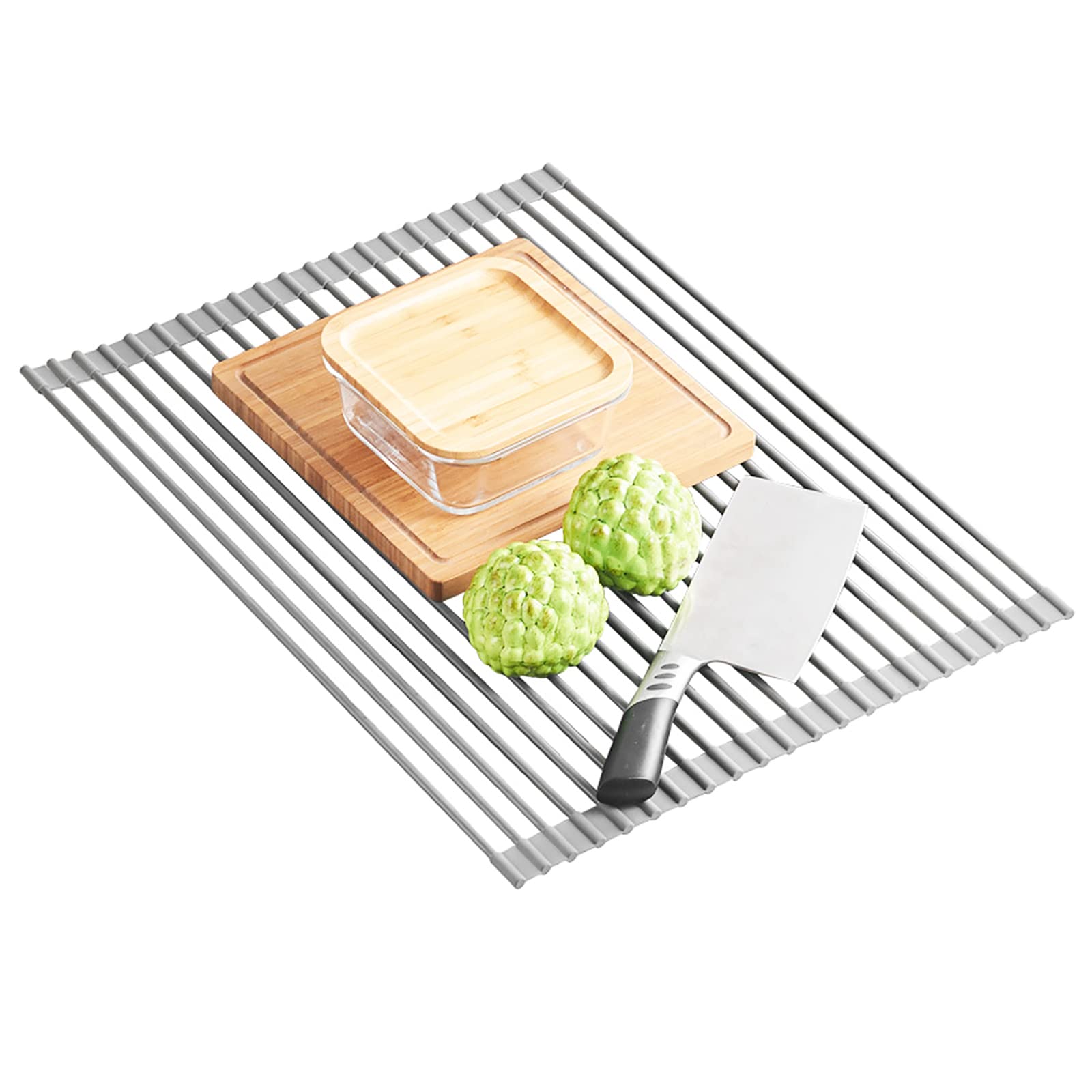 Ahyuan Large Silicone Foldable Dish Drying Rack - Over Sink Dish Drainer with Stainless Steel Core, Non-Slip & Space-Saving (17.5