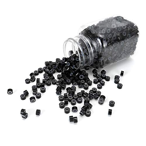 CCbeauty 1000PCS 5mm Black Silicone Lined Micro Ring Beads for Hair Extensions - Secure Hair Extension Connectors for Seamless Blending & Styling