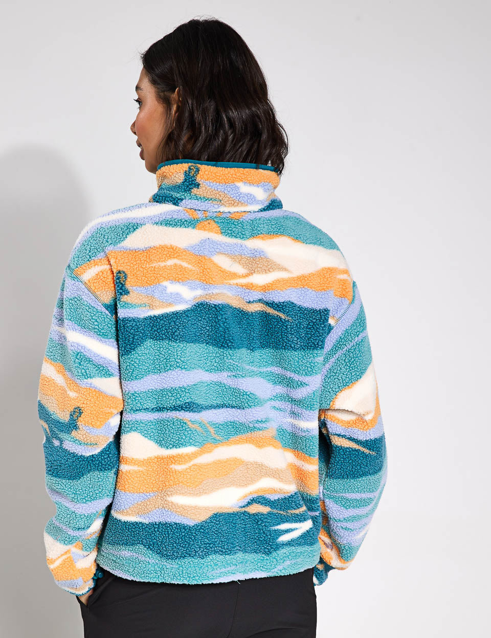 Helvetia II Cropped Sherpa Half Snap Printed Fleece Jacket - Teal Rogue Valley - Cozy Winter Outerwear for Women, Perfect for Casual Outings & Outdoor Adventures