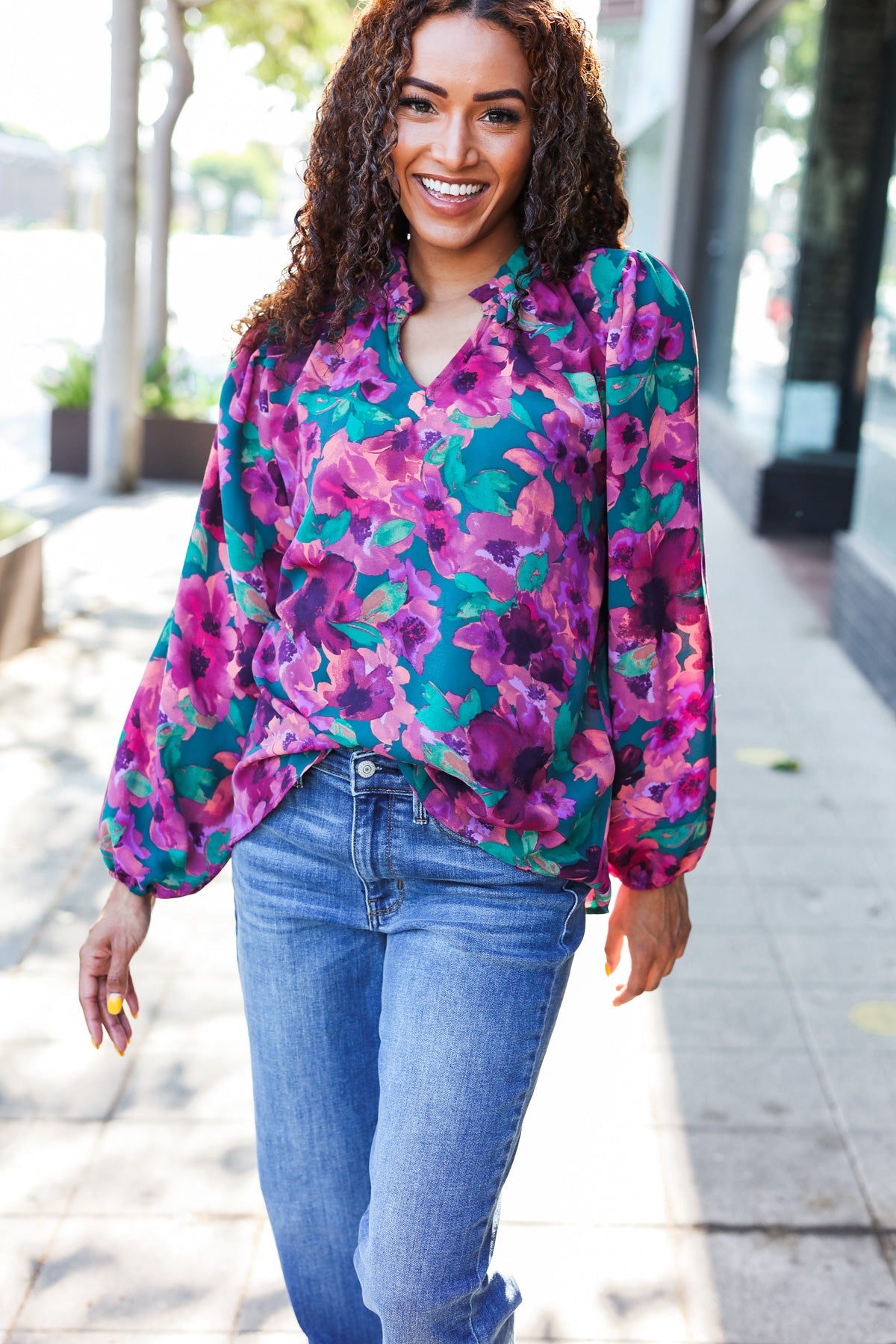 Stylish Hunter Green Watercolor Floral Print Notch Neck Blouse - Elegant Women's Tops for Casual Wear, Office Outfits & Spring Fashion