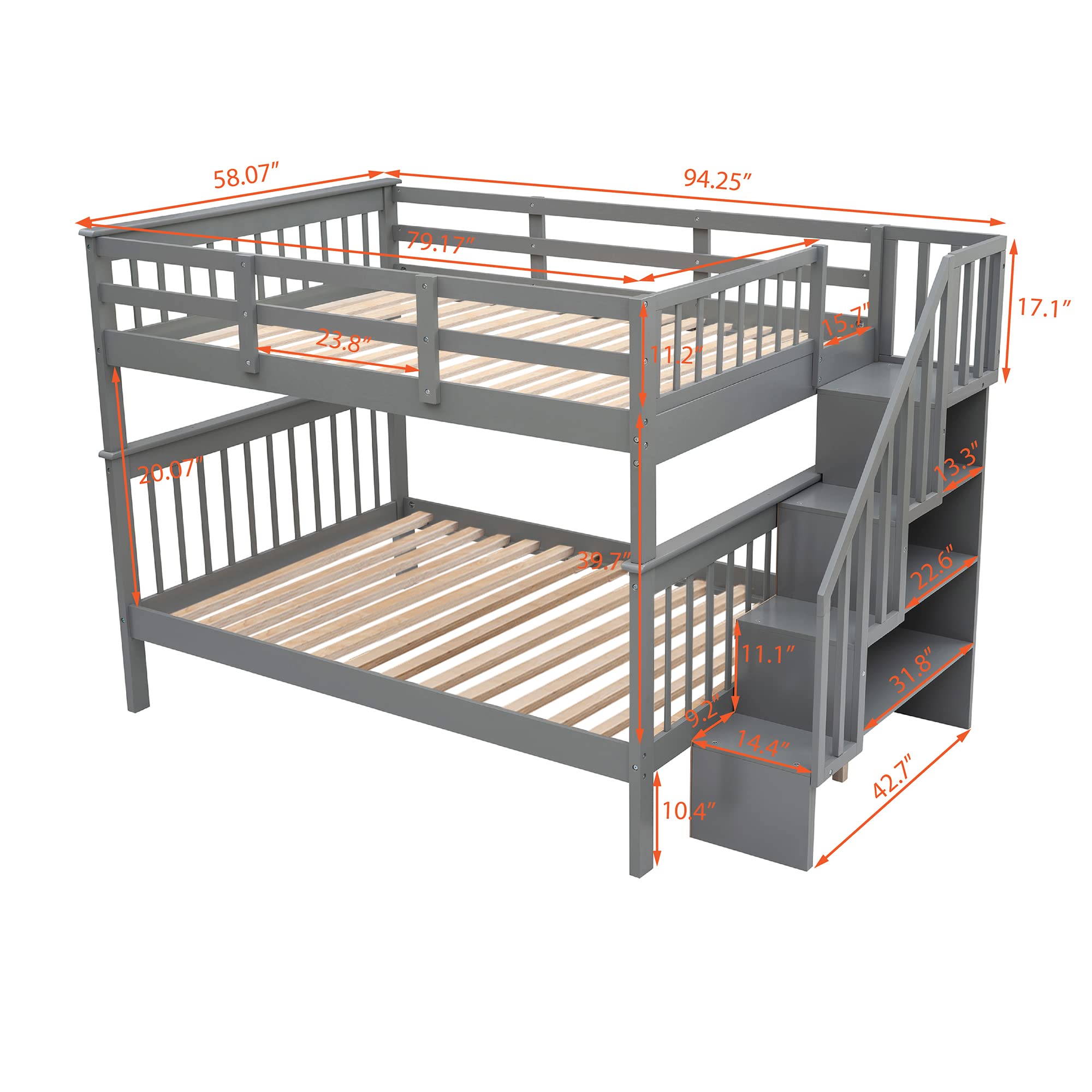 Harper & Bright Designs Full Over Full Bunk Bed with Wood Stairway, Storage & Guard Rail - Convertible Gray Bunk Bed for Kids, Teens & Guest Rooms - Perfect for Small Spaces, Dormitories & Vacation Homes