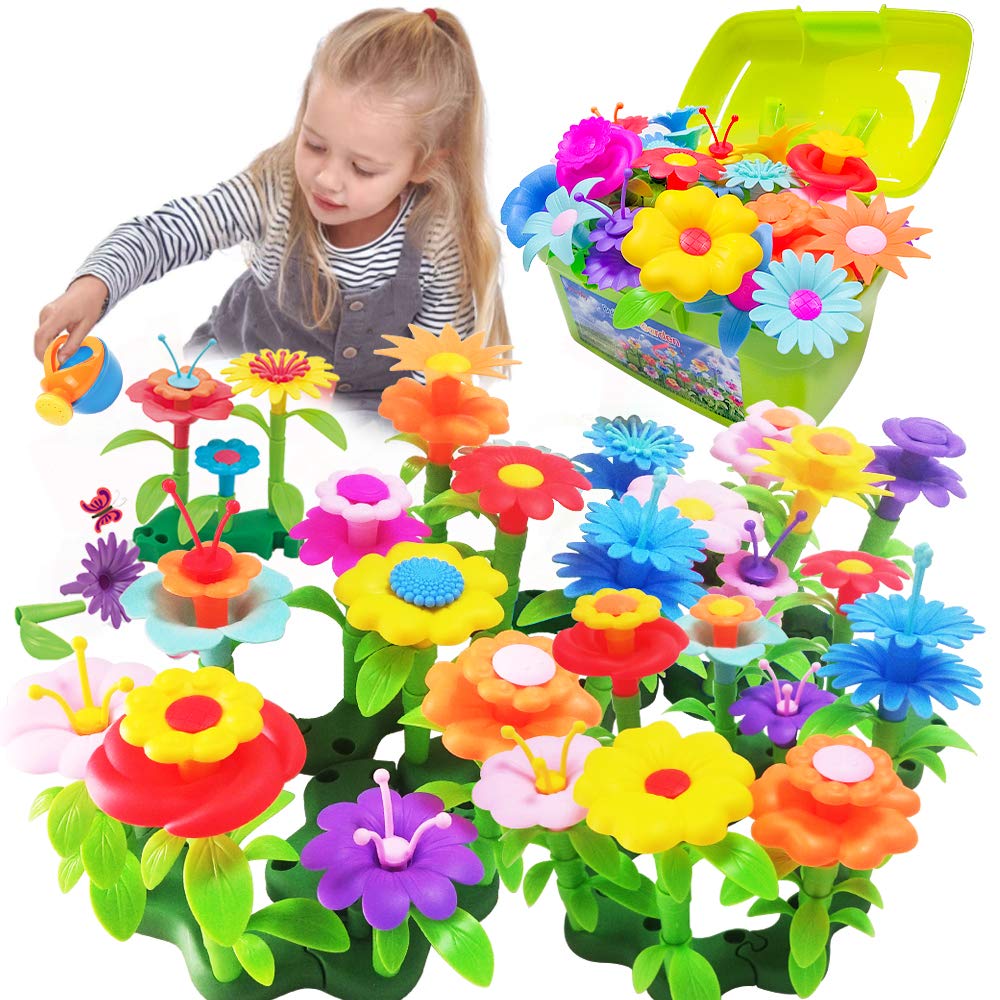 Scientoy 130 PCS Flower Garden Building Toys for Girls Ages 3-7 - Pretend Play Gardening Kit with Floral Arrangement, STEM Educational Activity Set | Perfect Birthday Gift for Kids, Indoor & Outdoor Garden Pretend Play