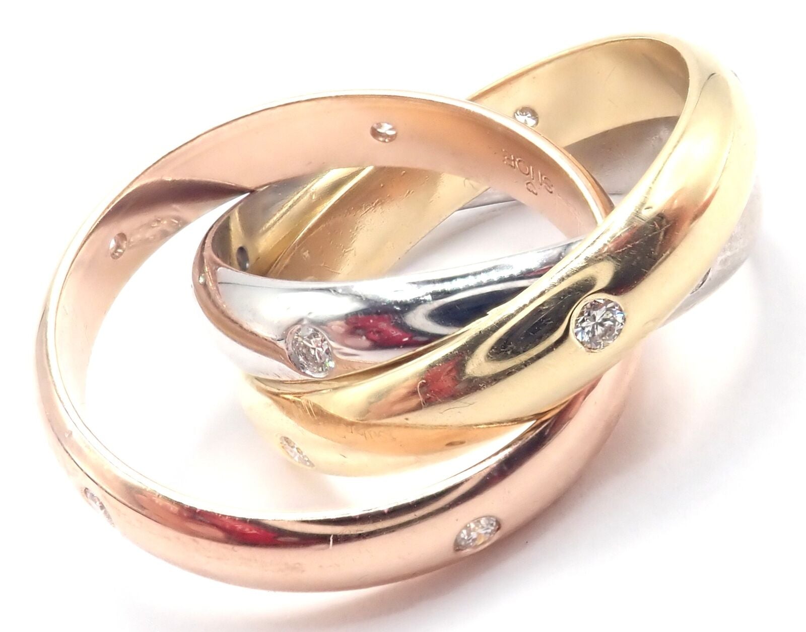 Authentic Cartier 18k Tri-Color Gold Diamond Trinity Band Ring - Size 5.75 with Certification - Perfect for Anniversary Gifts, Luxury Jewelry Collection & Special Occasions