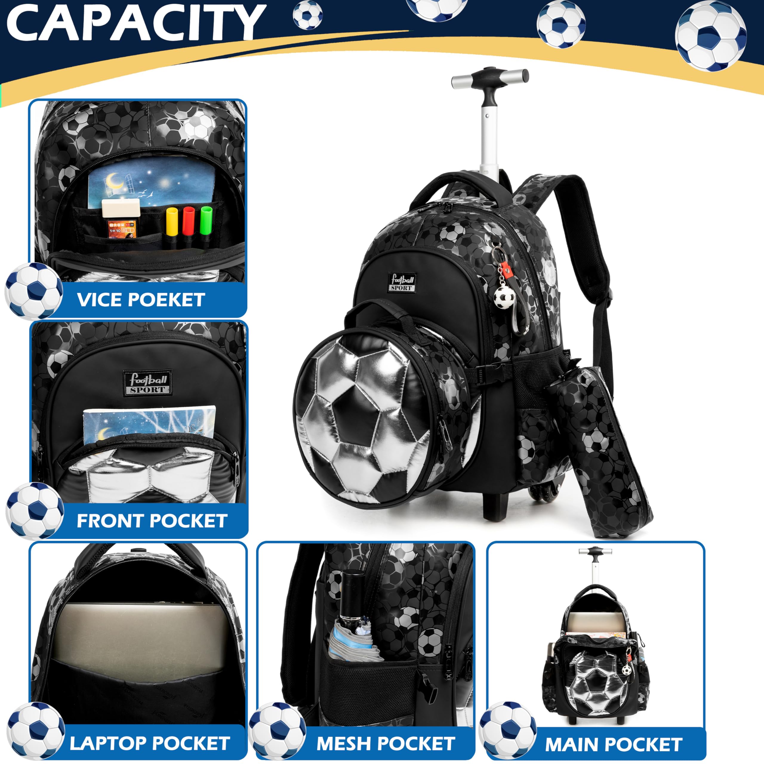Meetbelify Rolling Backpack with Wheels for Boys - School Backpack with Lunch Box & Pencil Case for Elementary Students (Ages 6-8) - Kids Travel Suitcase for Football Games, Field Trips & Airplane Carry-On