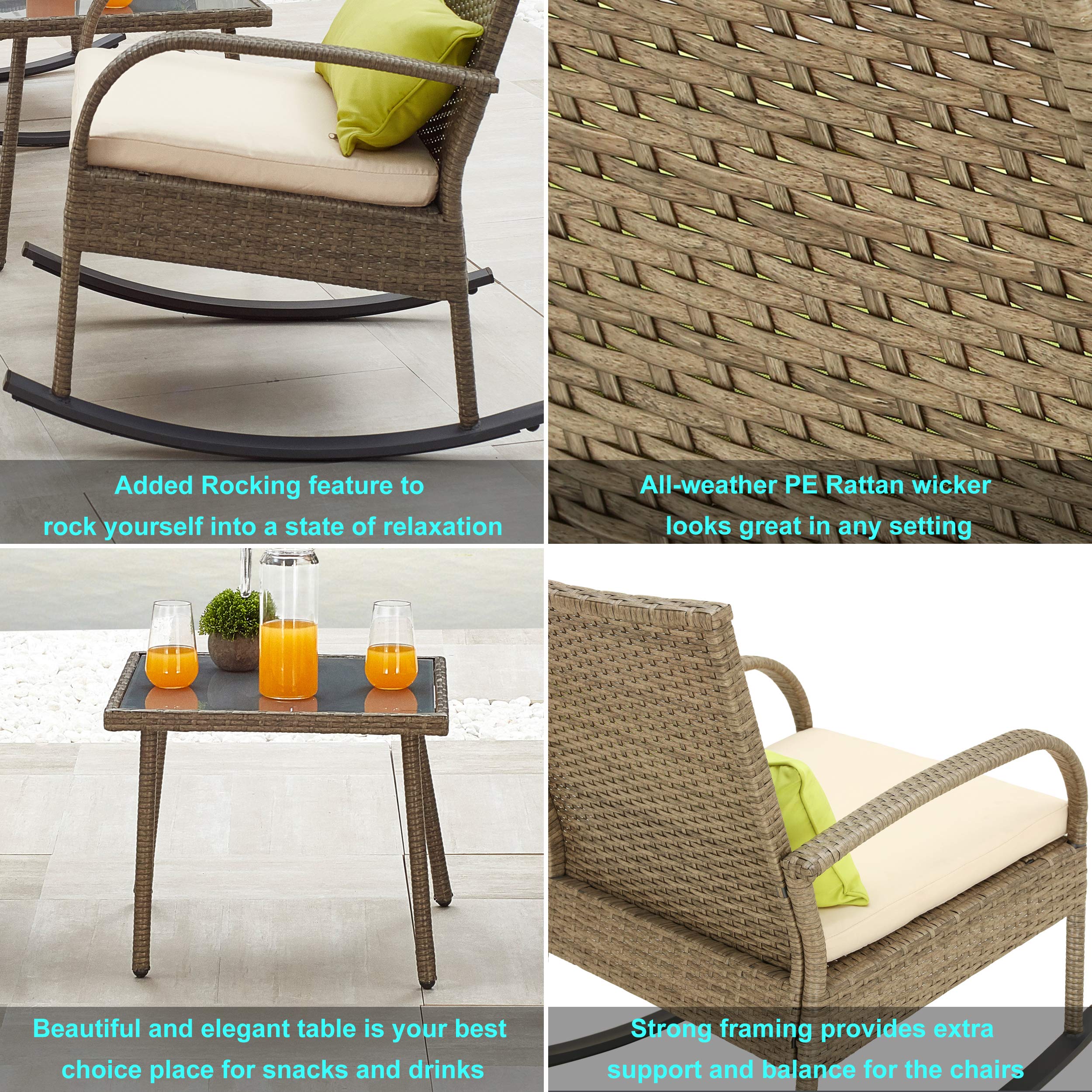 LOKATSE HOME 3-Piece Outdoor Rattan Patio Furniture Set - Modern Wicker Rocking Chair with Cushion & Coffee Table - Green Bistro Conversation Set for Garden, Porch, and Backyard Relaxation