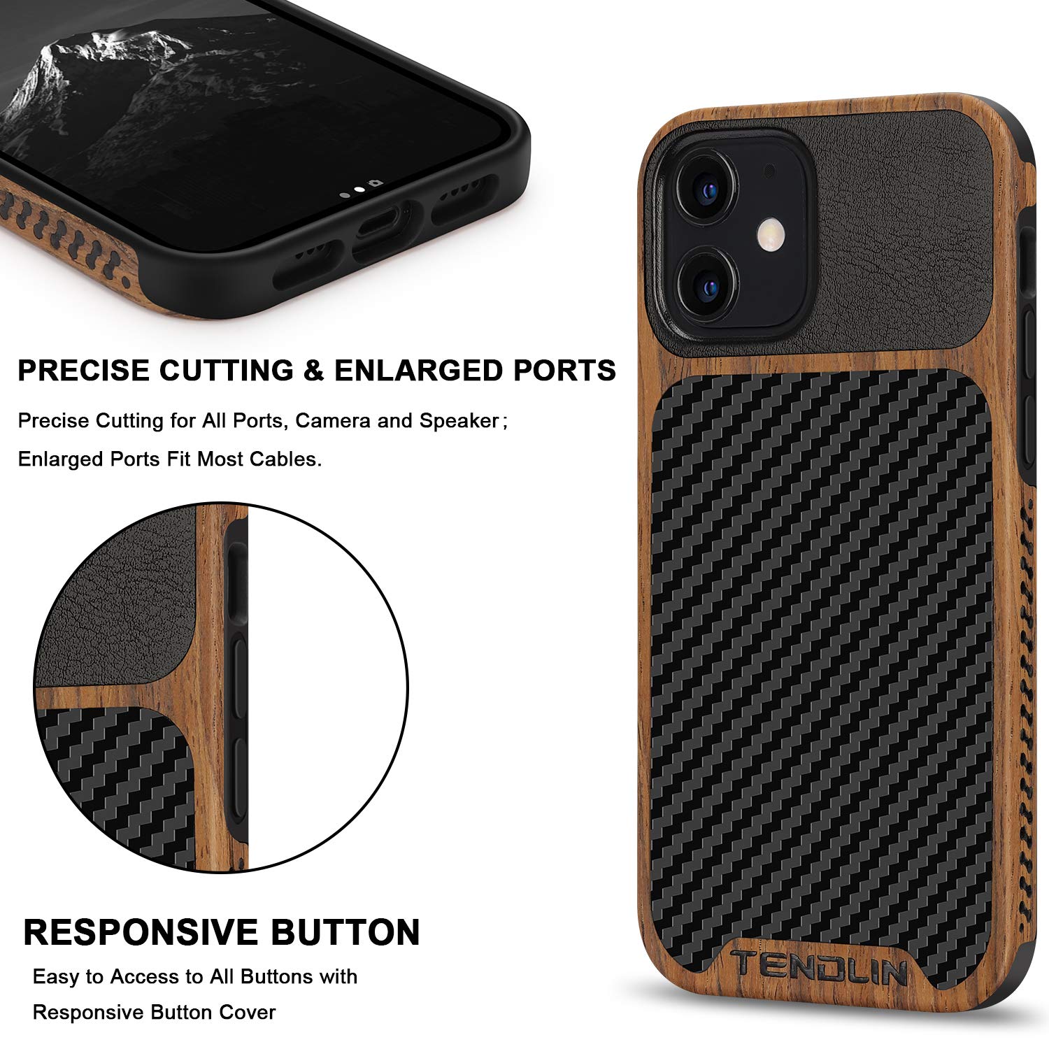 Premium Wood Grain & Carbon Fiber Hybrid Case for iPhone 12/12 Pro - Slim Leather Protective Cover (Black) | Perfect for Business, Travel & Everyday Use