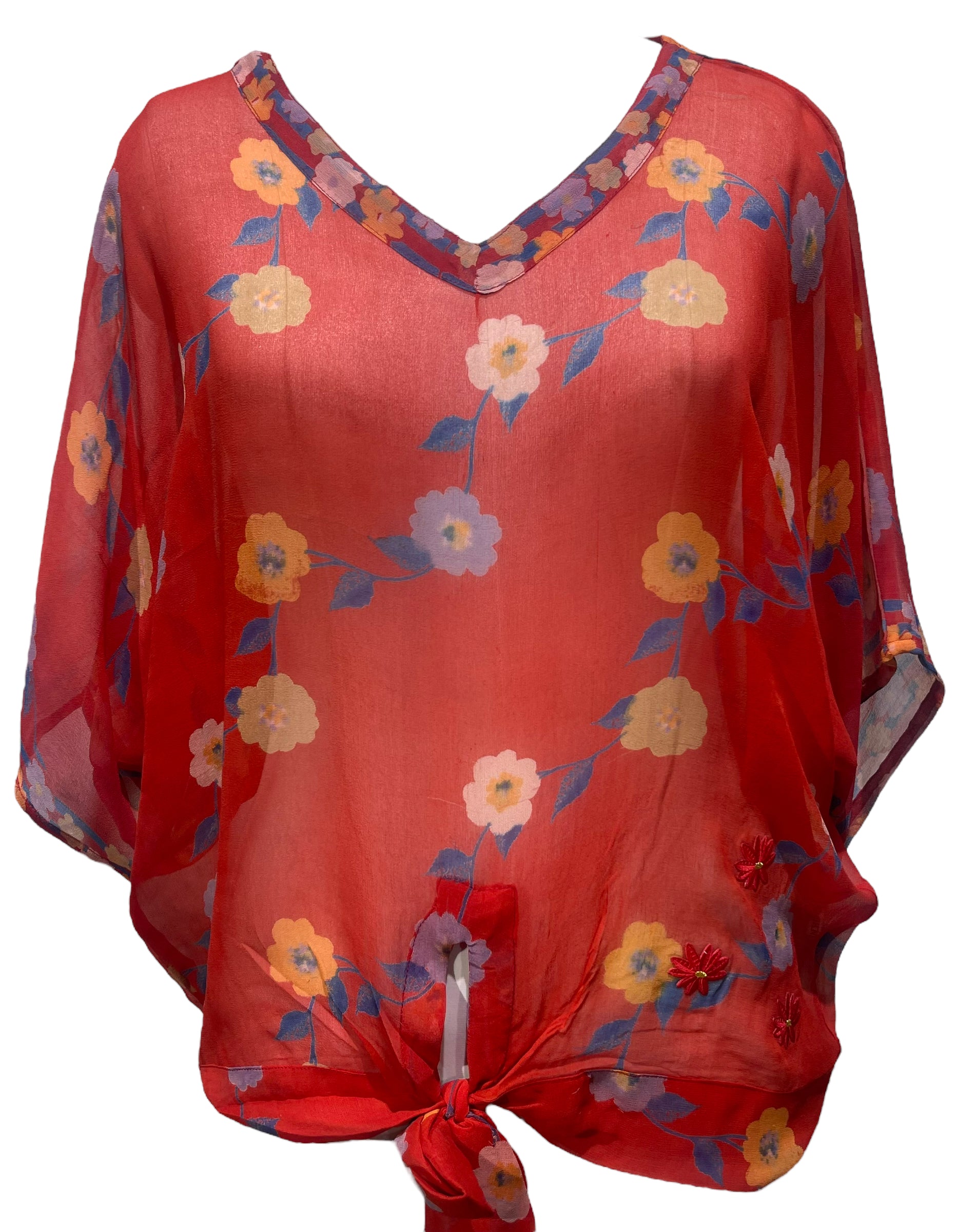 PRG3328 Sheer Avatar Pure Silk Front Tie Blouse - Elegant & Breathable for Women's Casual Wear, Office Outfits & Evening Events