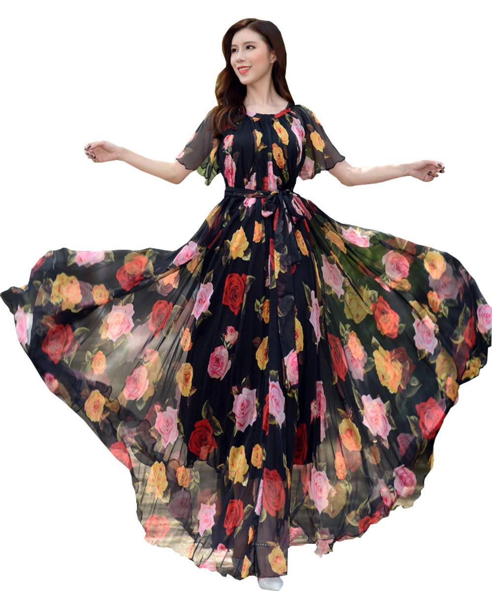 MedeShe Women's Bohemian Floral Print Short Sleeve Maxi Dress - Perfect for Summer Beach Vacations, Music Festivals & Boho Chic Outfits