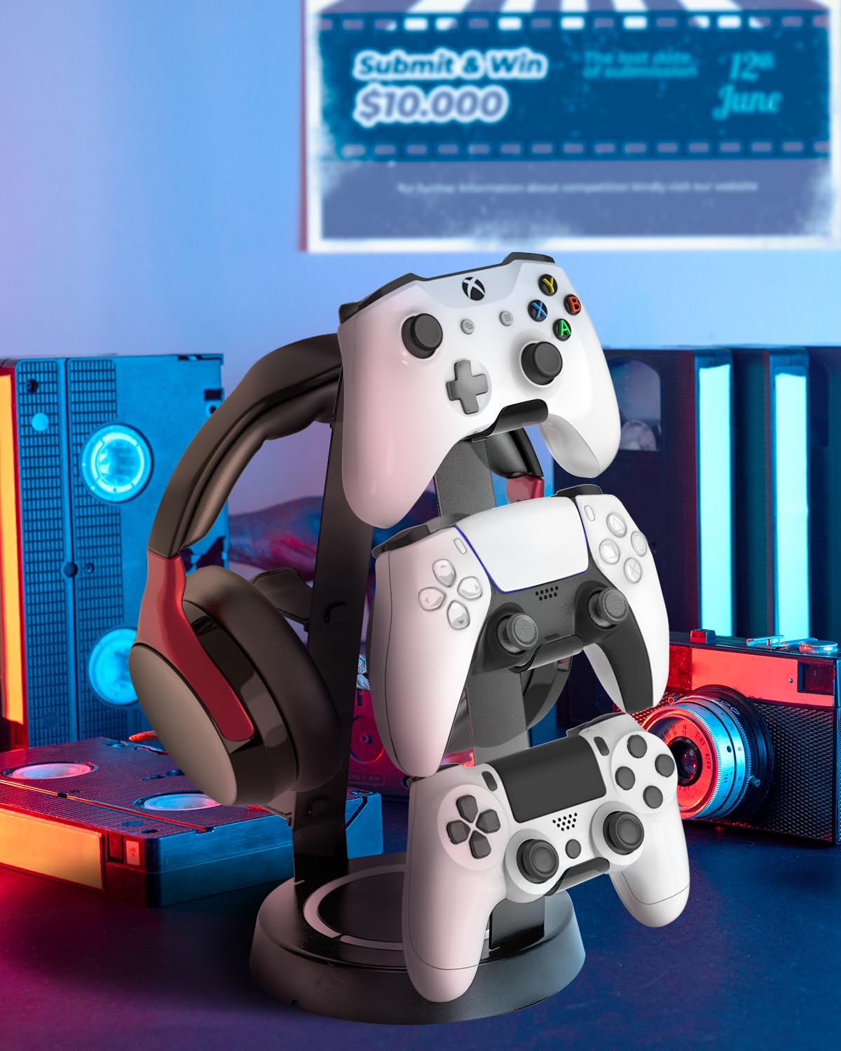 3-Tier Universal Aluminum Game Controller & Headphone Stand - Compatible with Xbox, PS4, PS5, Switch & PC Gaming Accessories - Desk Storage Organizer for Gaming Setup & Office Organization (Black)