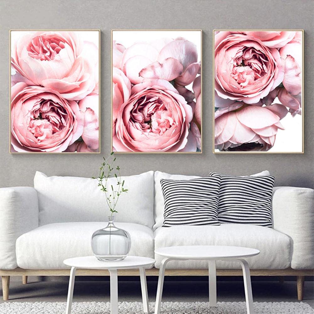 3 Panels Pink Peonies Flower Wall Art - 16x24 Inch Canvas Prints Set of 3, Frameless Modular Painting for Living Room, Bedroom & Office Decor - Perfect for Home, Wedding & Gift Giving