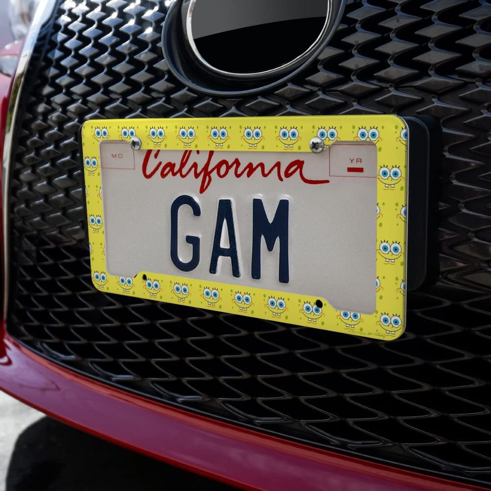Spongebob Smiling Face License Plate Frame - Durable Car Tag Holder with Fun Cartoon Design - Perfect for Cars, Trucks & Vehicles - Great Gift for Spongebob Fans