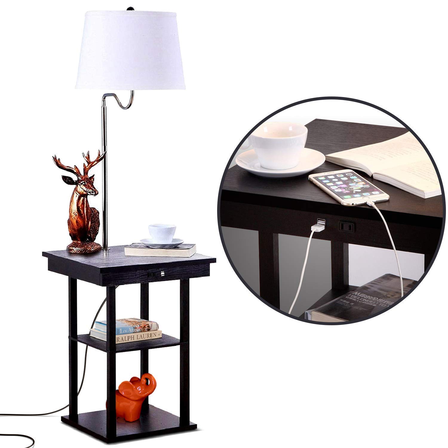 Brightech Maxwell and Madison Modern Floor Lamps Set of 2 with USB Charging Ports & Outlet - Black Living Room Lighting for Bedroom, Office, Reading Nook - Space-Saving Nightstand Lamps with Adjustable Brightness