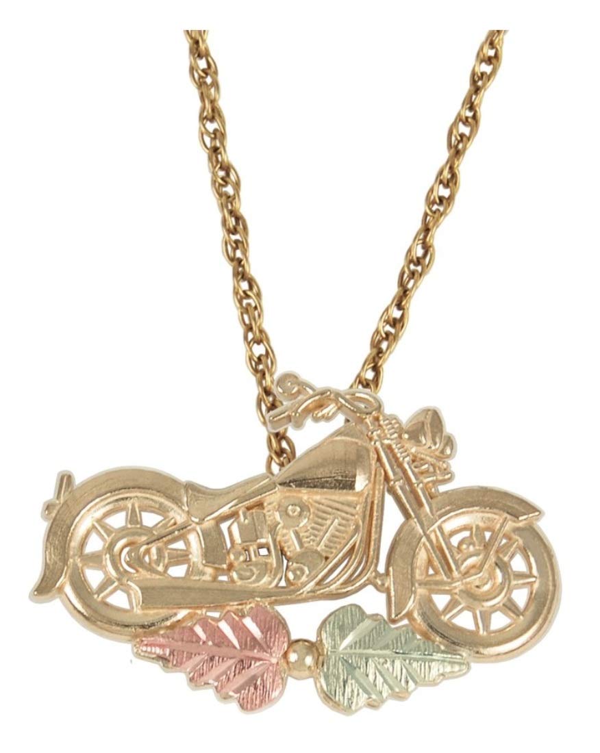 10K Yellow Gold Motorcycle Necklace for Women - 12K Green & Rose Gold Black Hills Gold Motif, 18