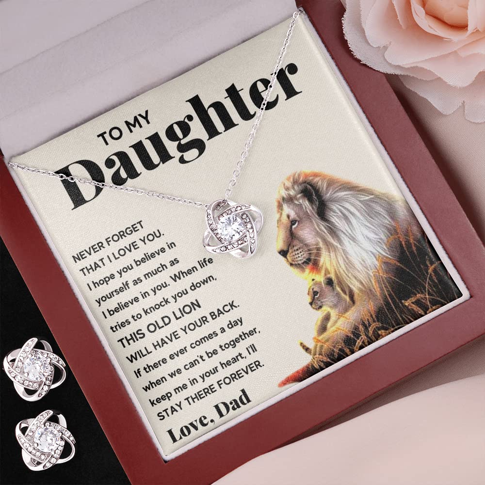 Father Daughter Necklace - Personalized Jewelry Gift for Daughter from Dad, Birthday, Graduation, Christmas Present with Message Card & LED Gift Box (Includes Earrings, Lion Knot Set) - Perfect for Special Occasions & Heartfelt Moments
