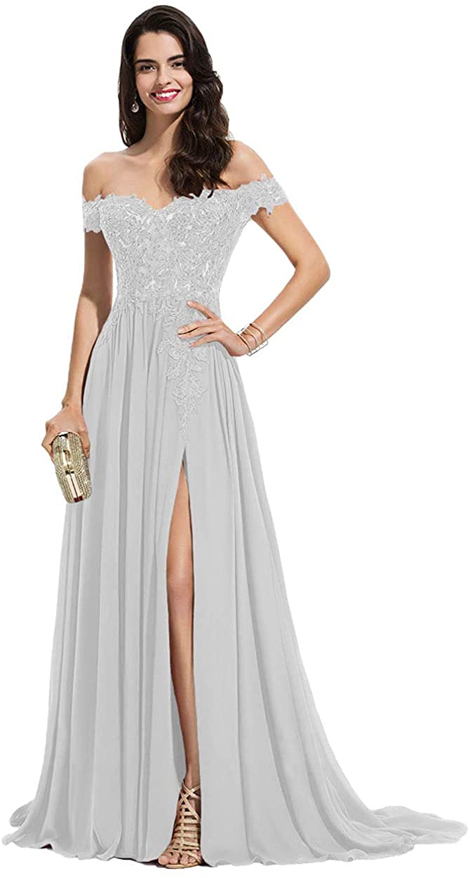 Elegant Off Shoulder Lace Prom Dress with High Slit - Long Chiffon Formal Gown for Women | Perfect for Evening Parties, Weddings & Special Occasions
