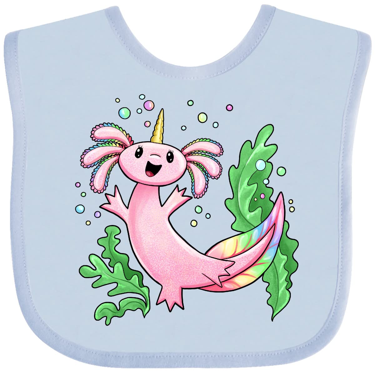 Inktastic Axolotl Unicorn with Rainbow Tail, Bubbles and Seaweed Baby Bib - Cute Waterproof Drool Bib for Infants & Toddlers - Perfect for Feeding, Teething, and Everyday Use