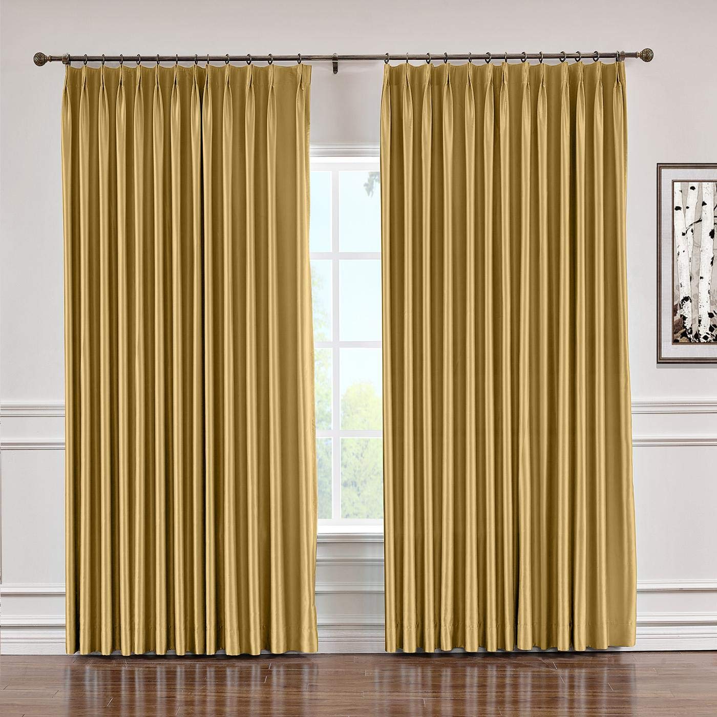 TWOPAGES Solid Soft Light Filtering Pinch Pleat Curtains for Bedroom & Living Room - Faux Silk Window Drapes in Gold (50x84 Inches, 1 Panel) - Perfect for Blackout, Privacy & Elegant Home Decor