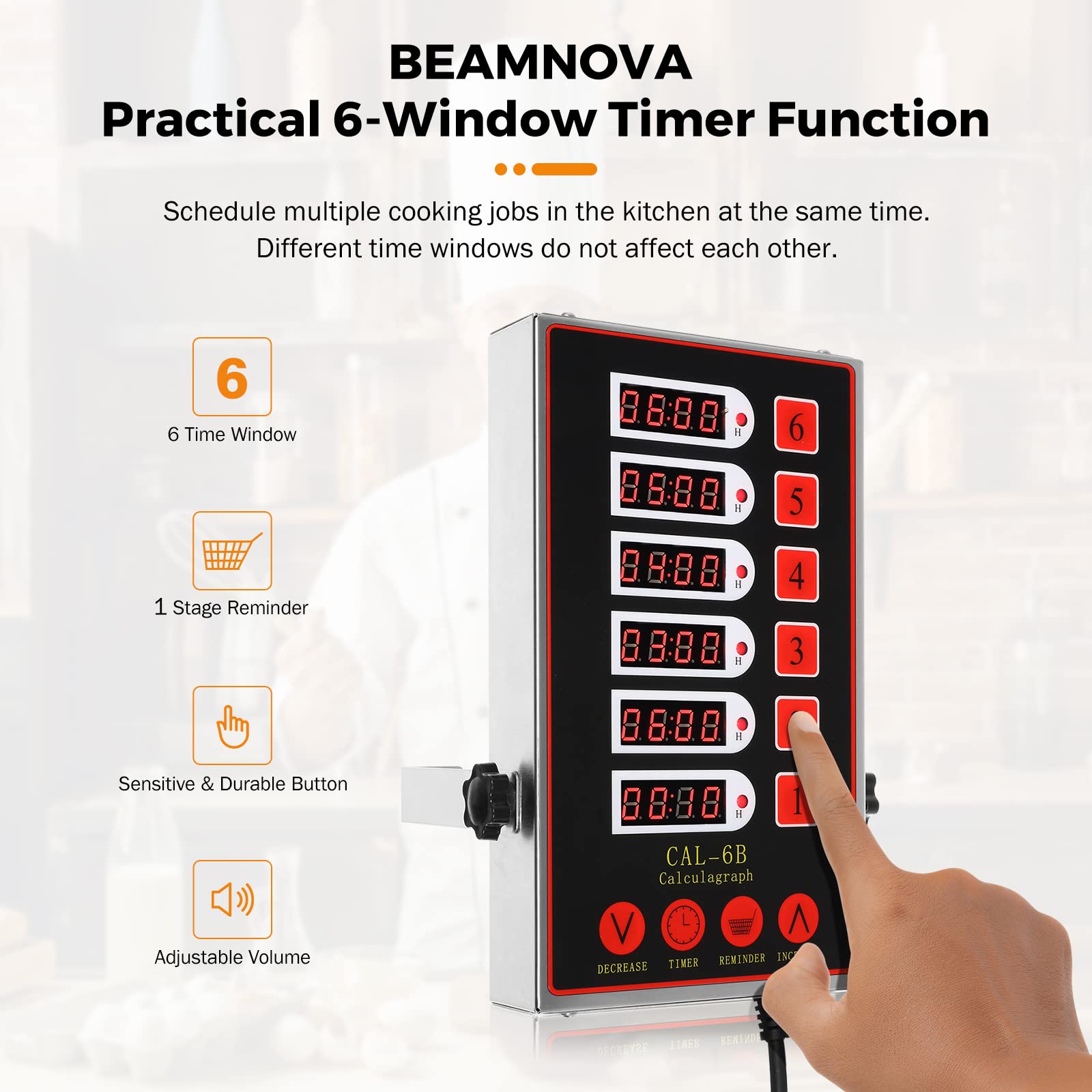 BEAMNOVA 6-Channel Digital Kitchen Timer with Loud Alarm - Stainless Steel Cooking Timer with Adjustable Volume for Baking, Cooking & Commercial Use