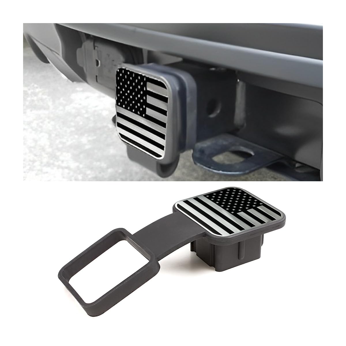 BESULEN 2 Inch Trailer Hitch Cover - American Flag Tow Receiver Tube Plug Insert, Universal Square Dust-Proof Hitch Cover for Trucks & Trailers - USA Flag Car Exterior Accessories (Silver) - Perfect for Off-Roading, Camping & Truck Shows