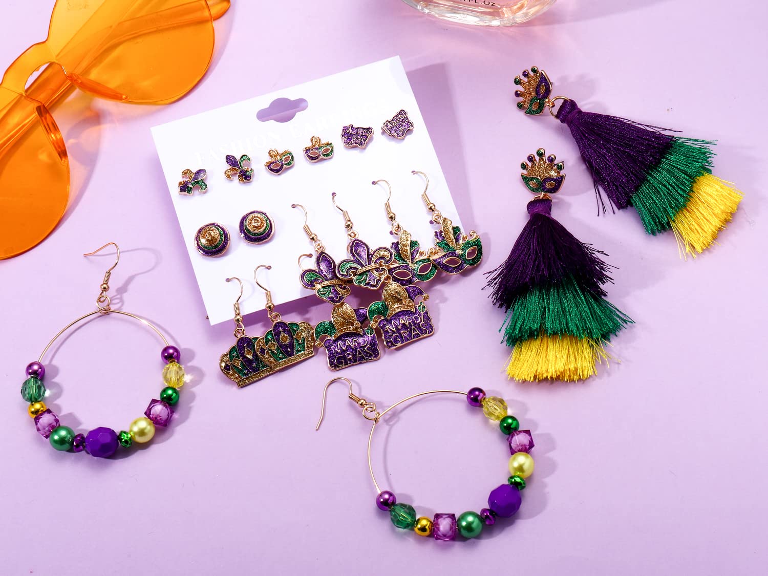 NLCAC Mardi Gras Earrings Set for Women - Glitter Mask, Fleur De Lis Stud, Beaded Jester & Hoop Tassel Dangle Earrings - Carnival Party, Parade & Costume Jewelry Gifts - Perfect for Festivals, Themed Parties & Costume Accessories