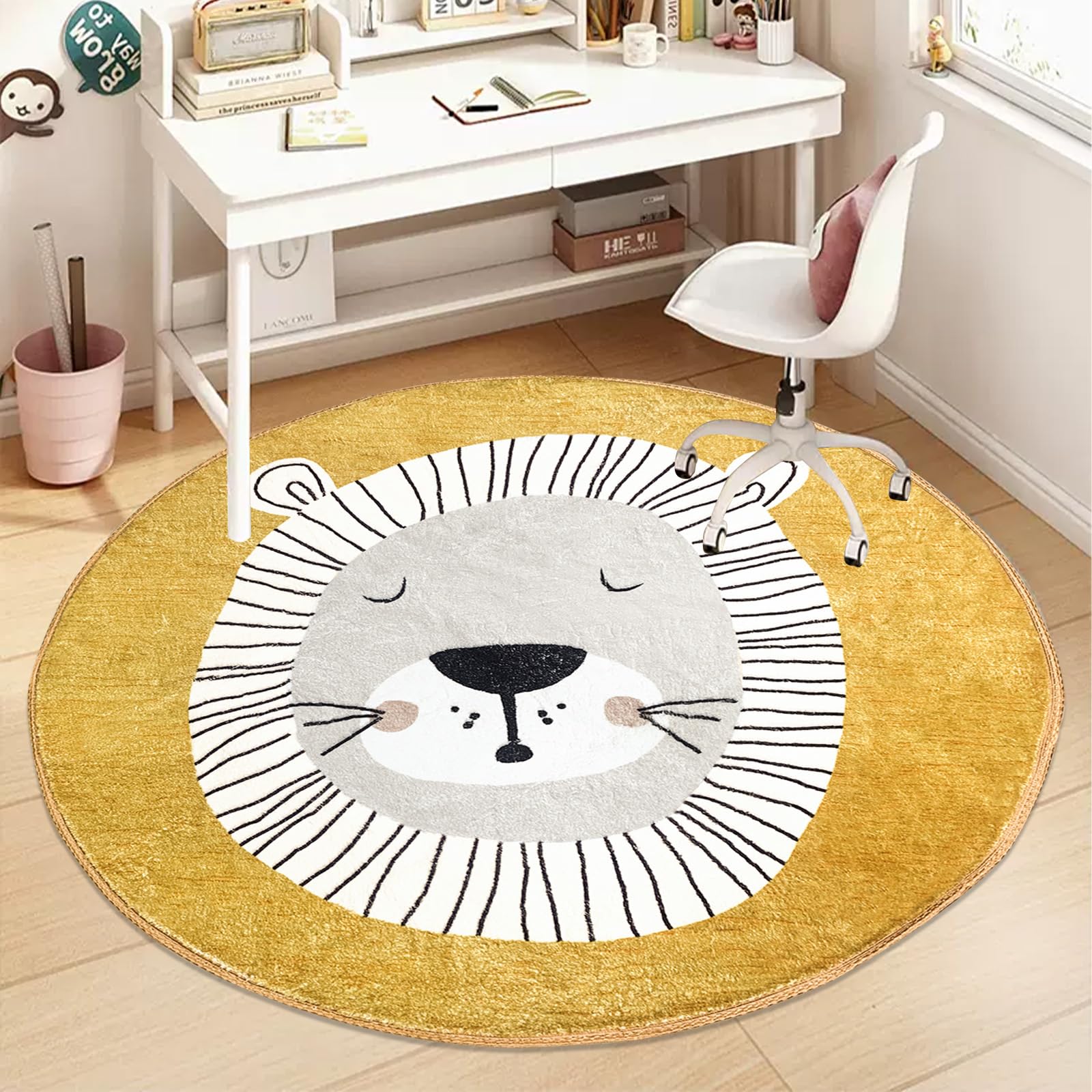 USTIDE Lion Round Area Rug - 5.2 Ft Washable Non-Slip Soft Animal Carpet for Kids Room, Nursery, Playroom, Classroom, Dorm & Living Room - Perfect for Play Areas, Bedrooms and Home Decor