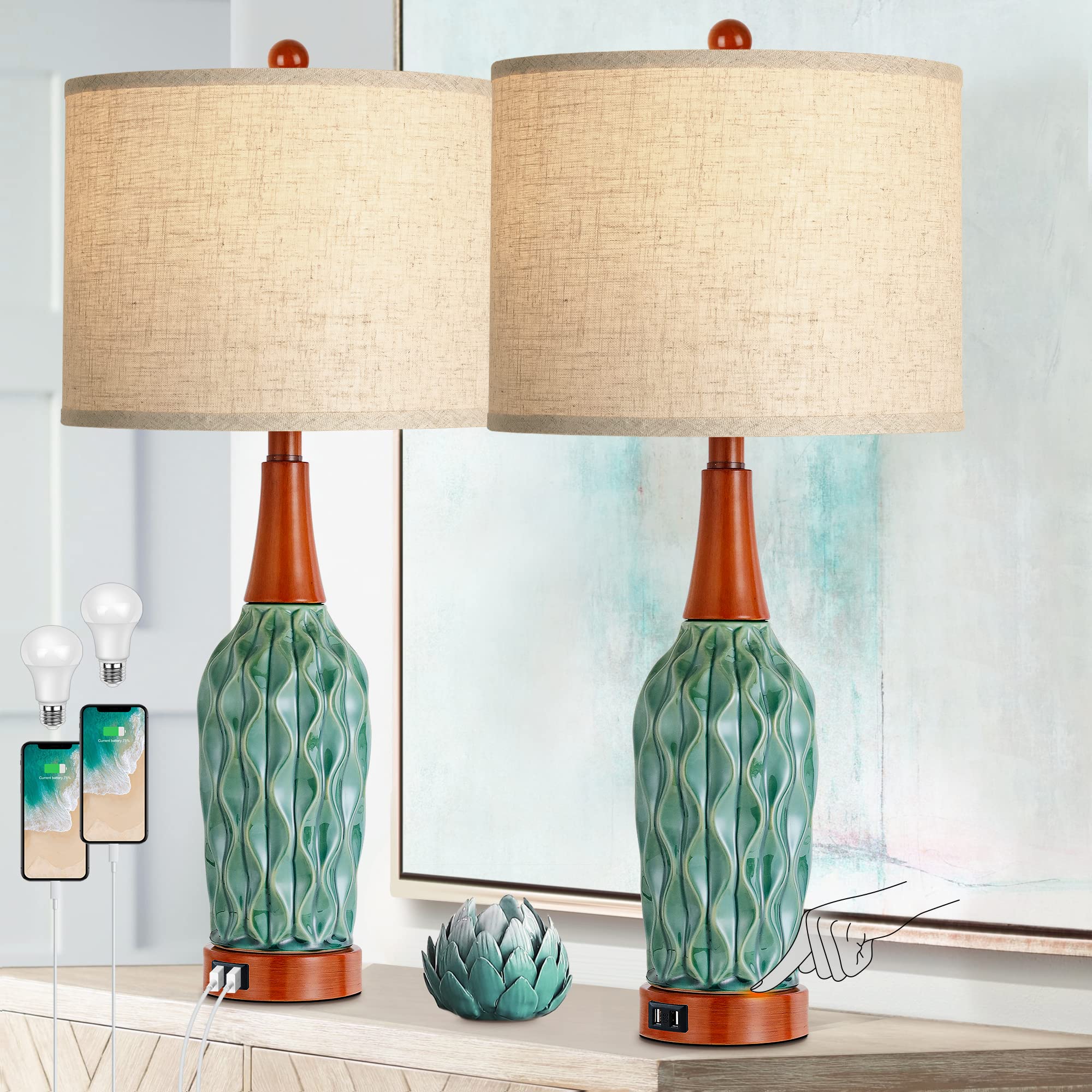 Vintage Table Lamps Set of 2 - MCM Teal Ceramic Dimmable Nightstand Lamps with USB Port & Oatmeal Linen Shade (Bulb Included) | Retro Bedside Lighting for Living Room, Bedroom & Office Decor
