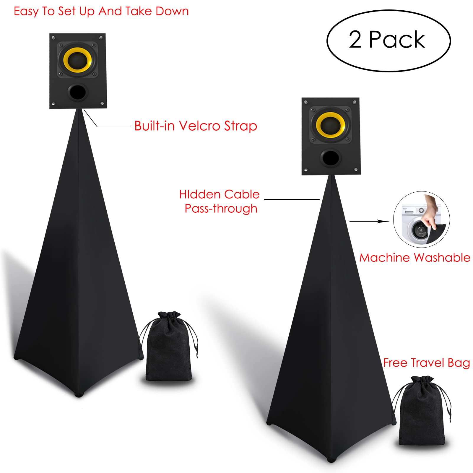 DJ Speaker Stand Cover - Universal 360° Adjustable Tripod Speaker Stand Scrim with Travel Bag (2 Pack, Black) - Perfect for DJ Gigs, Live Performances & Outdoor Events