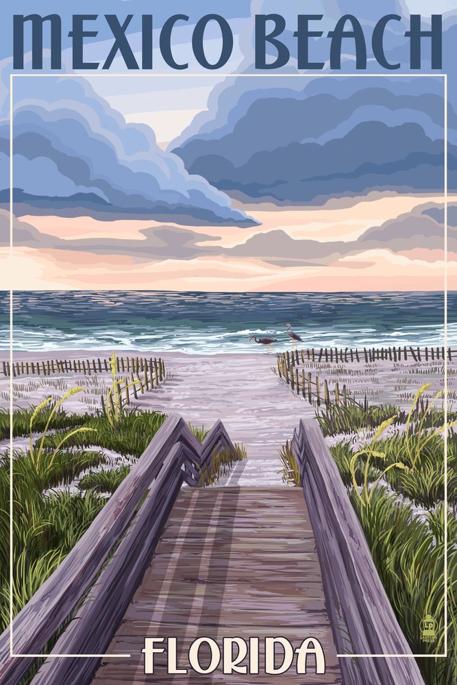 Mexico Beach Florida Beach Boardwalk Scene - 12x18 Wall Art Poster for Coastal Decor, Living Room, Bedroom & Office