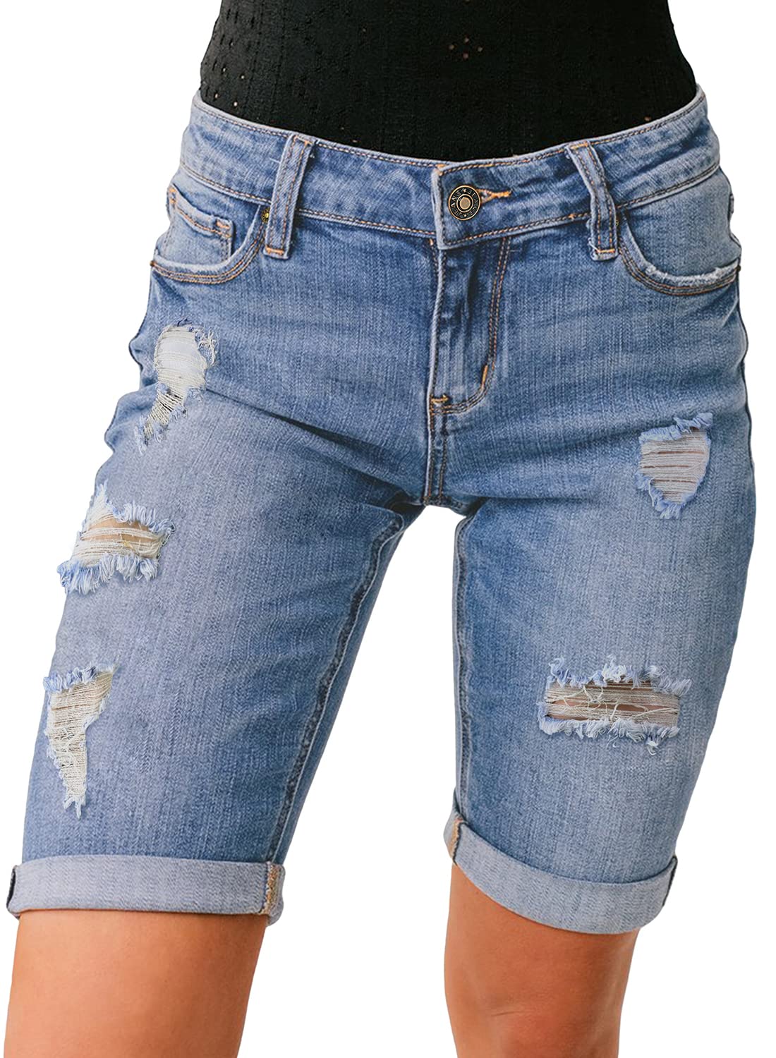 Luvamia Women's High Waisted Stretch Bermuda Shorts - Ripped Rolled Hem Denim Shorts for Summer | Casual Outfit, Beach Wear & Street Style Fashion