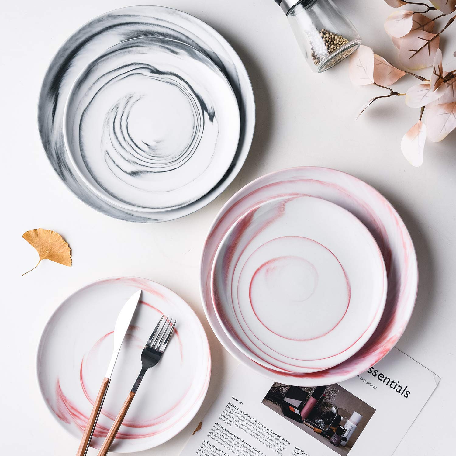 Yundu 8-inch Grey Marbled Ceramic Plates Set of 4 - Microwave & Dishwasher Safe Appetizer & Dessert Plates - Perfect for Dinner Parties, Weddings & Home Decor