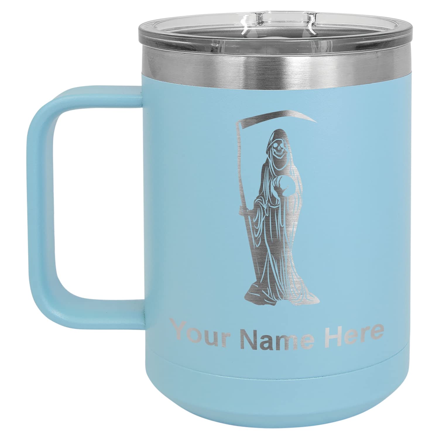 LaserGram 15oz Vacuum Insulated Stainless Steel Coffee Mug with Personalized Engraving - Santa Muerte Design, Light Blue - Keeps Drinks Hot/Cold for Hours - Perfect for Office, Travel & Outdoor Activities
