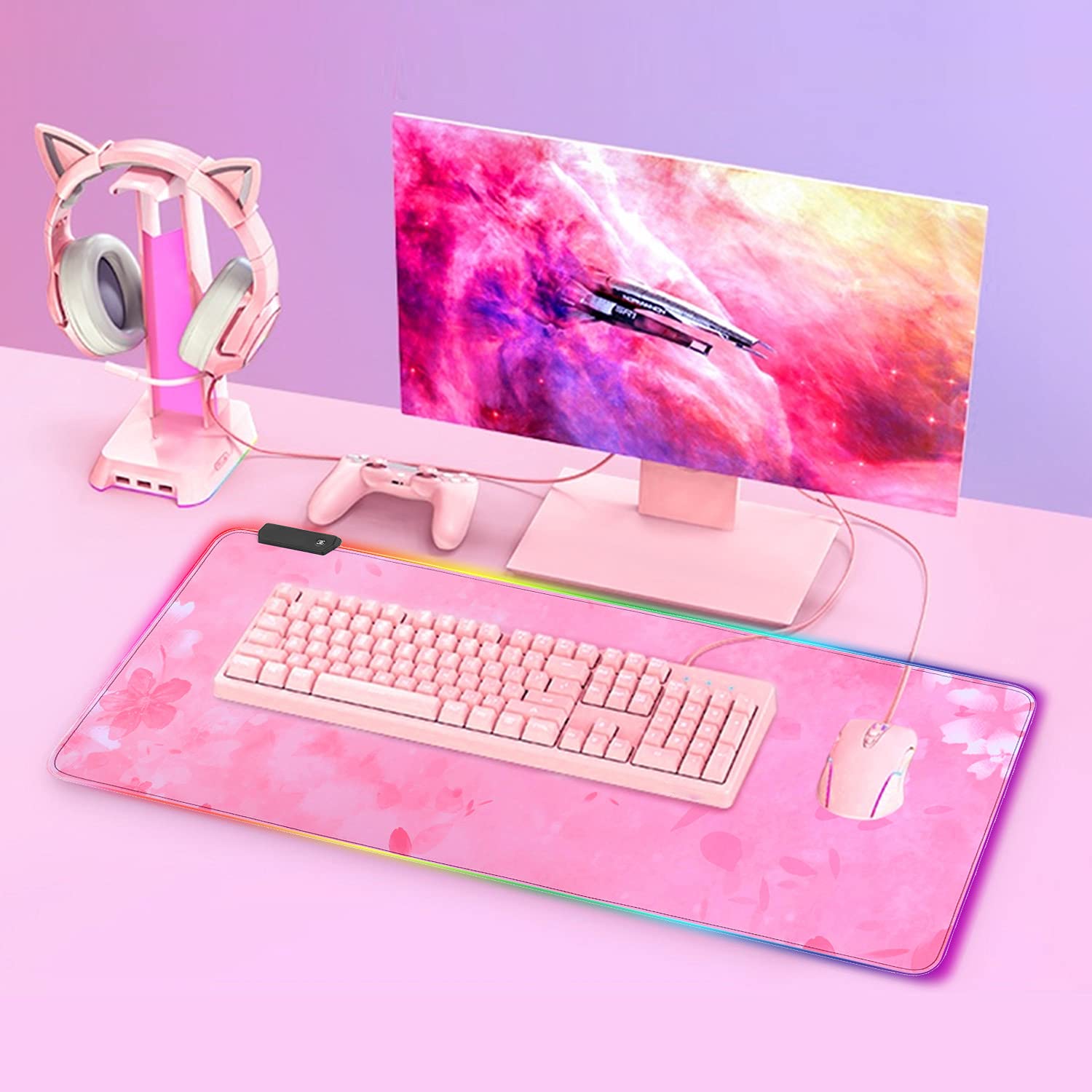 RGB Gaming Mouse Pad with 12 LED Lighting Modes - Large 31.5x11.8 Inch Non-Slip Rubber Base Desk Mat for PC Gaming, Keyboard & Mouse - Perfect for Esports, Streaming & Office Work (Pink)