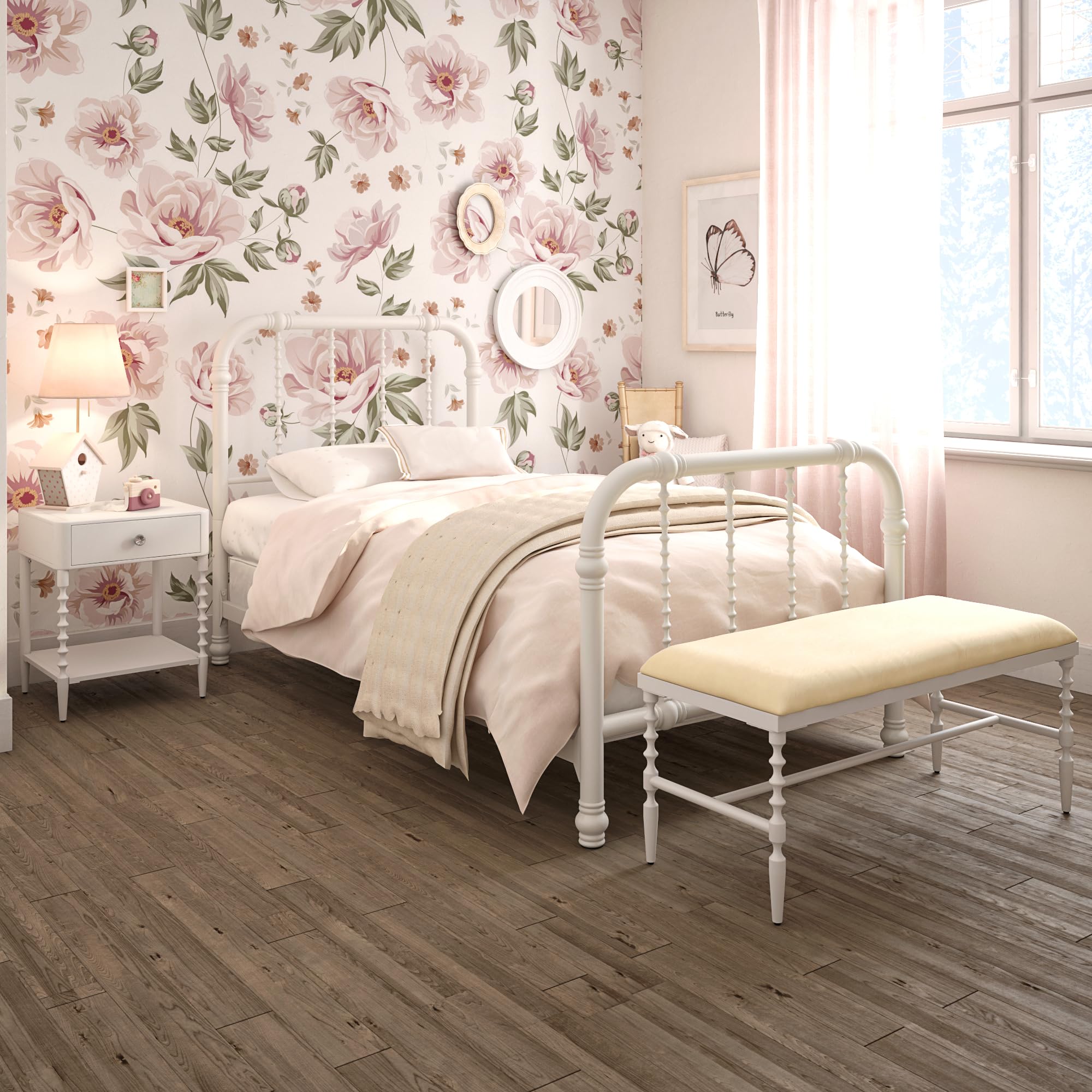 DHP Jenny Lind Twin Size Kids Metal Bed Frame with Country Chic Headboard & Footboard - White | Underbed Storage Space for Toys | Perfect for Children's Bedroom, Nursery or Guest Room