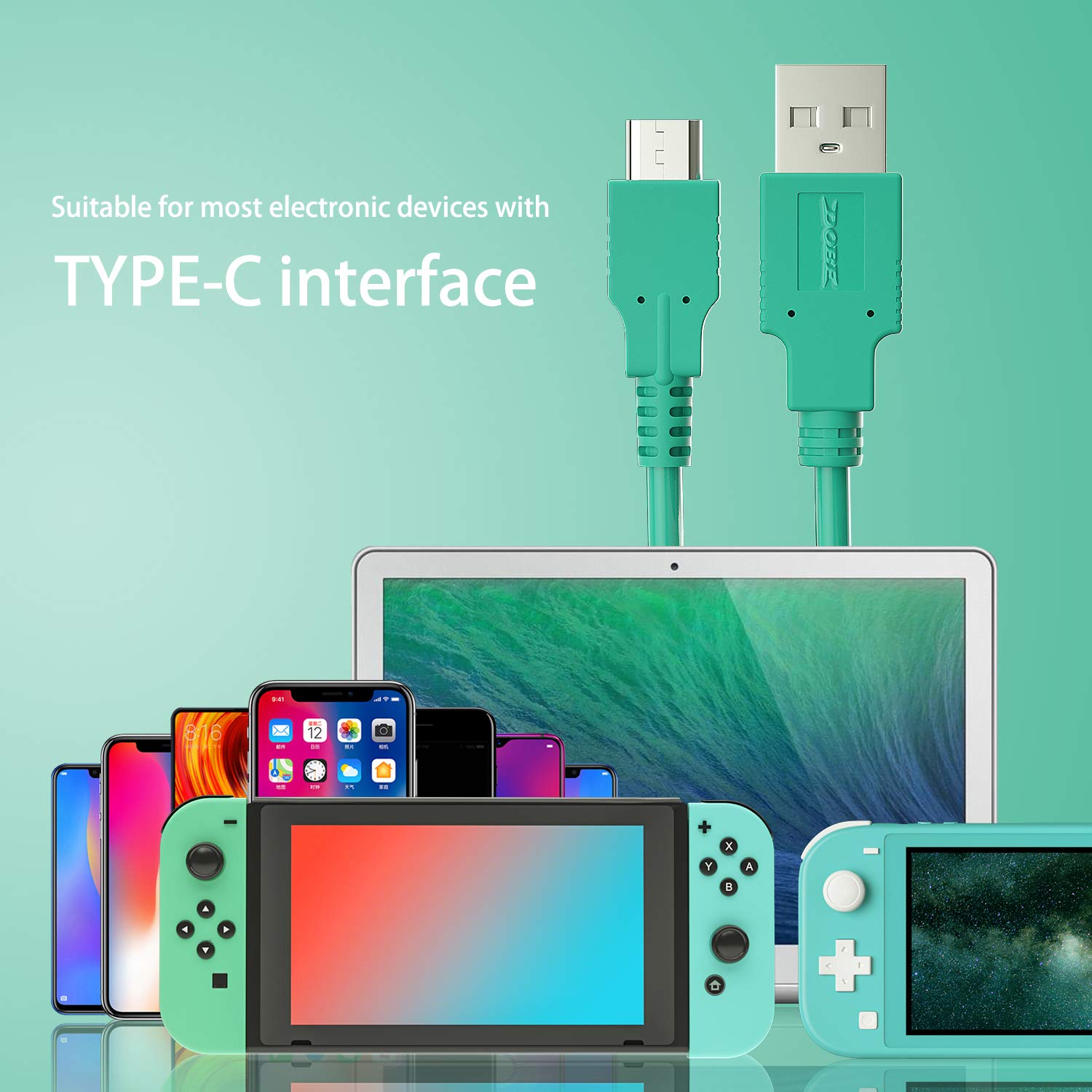 HEATFUN USB C Fast Charger Cable for Nintendo Switch - 4.92ft Animal Crossing Green | Compatible with Switch OLED/Lite | Perfect for Gaming On-The-Go & Travel Accessories