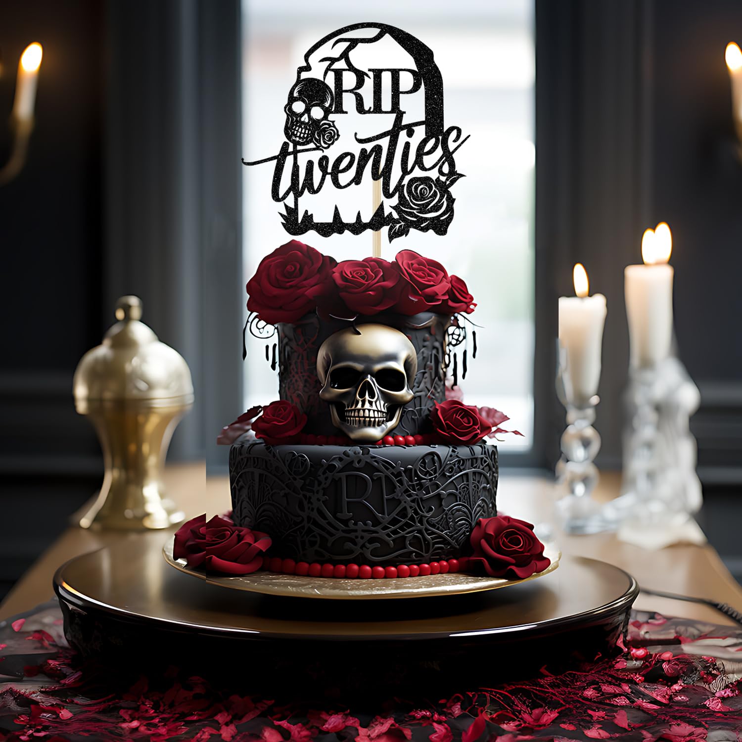 Rip Twenties Cake Topper - Death to My 20s Birthday Decor - Black Glitter Funeral Themed Cake Decoration for 30th Birthday Parties | Perfect for Milestone Celebrations & Dark Humor Themes
