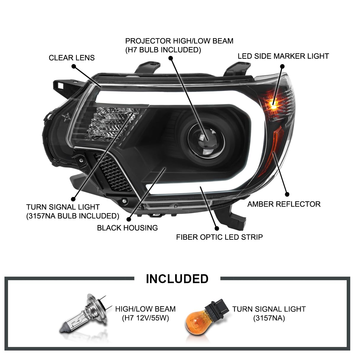 Spec-D Tuning Black Projector Headlights with LED Bar - Compatible with 2012-2015 Toyota Tacoma - Left & Right Headlight Assembly - Upgrade for Off-Road & Night Driving