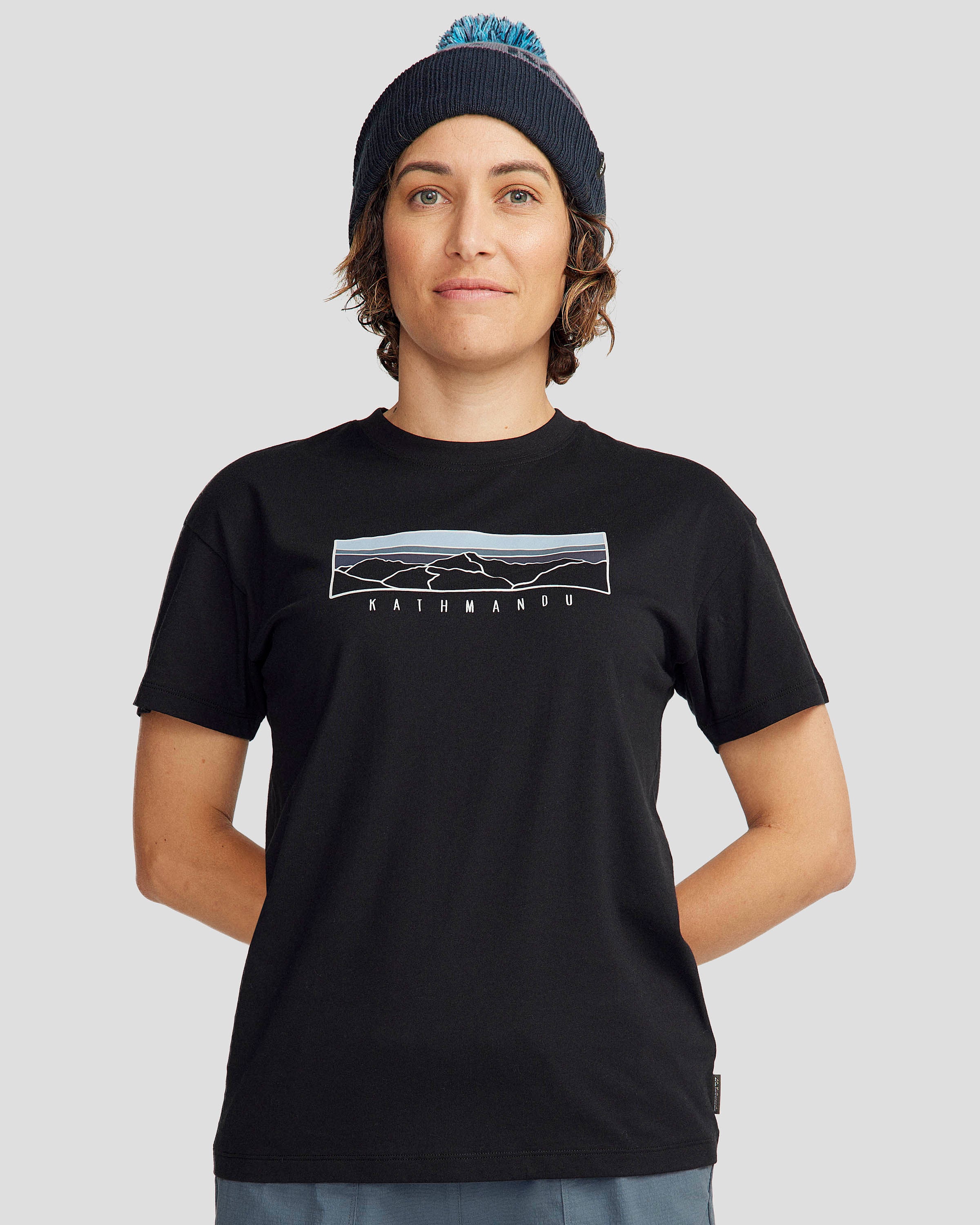 Women's Black Stingray Print Organic Cotton T-Shirt with Mountain Sunset Design | Soft Casual Tee for Hiking, Travel & Outdoor Adventures