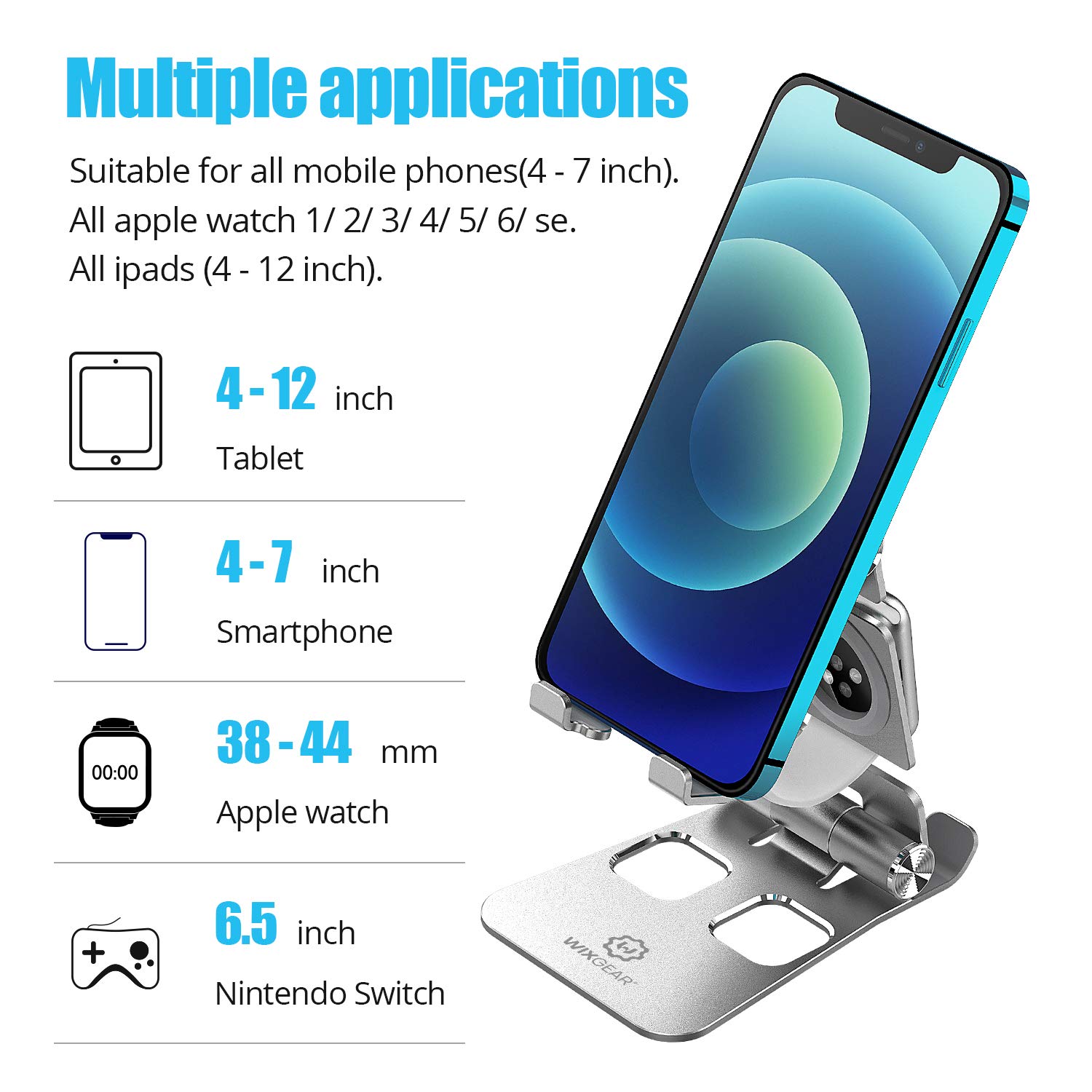 WixGear 3-in-1 Foldable Aluminum Phone Stand, Tablet Stand & Apple Watch Holder with Anti-Slip Base - Perfect for Desk, Office, Home, and Travel Use