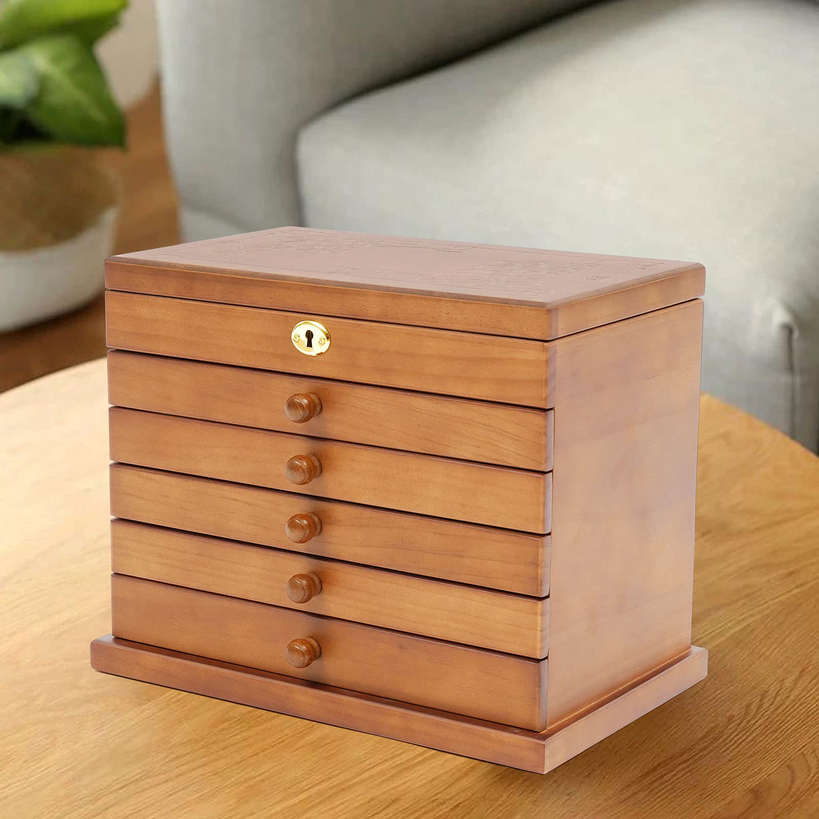 6-Tier Wooden Jewelry Box with Mirror & Lock - Jewelry Storage Cabinet for Rings, Necklaces, Watches - Perfect for Bedroom, Closet & Travel Organization (Brown)