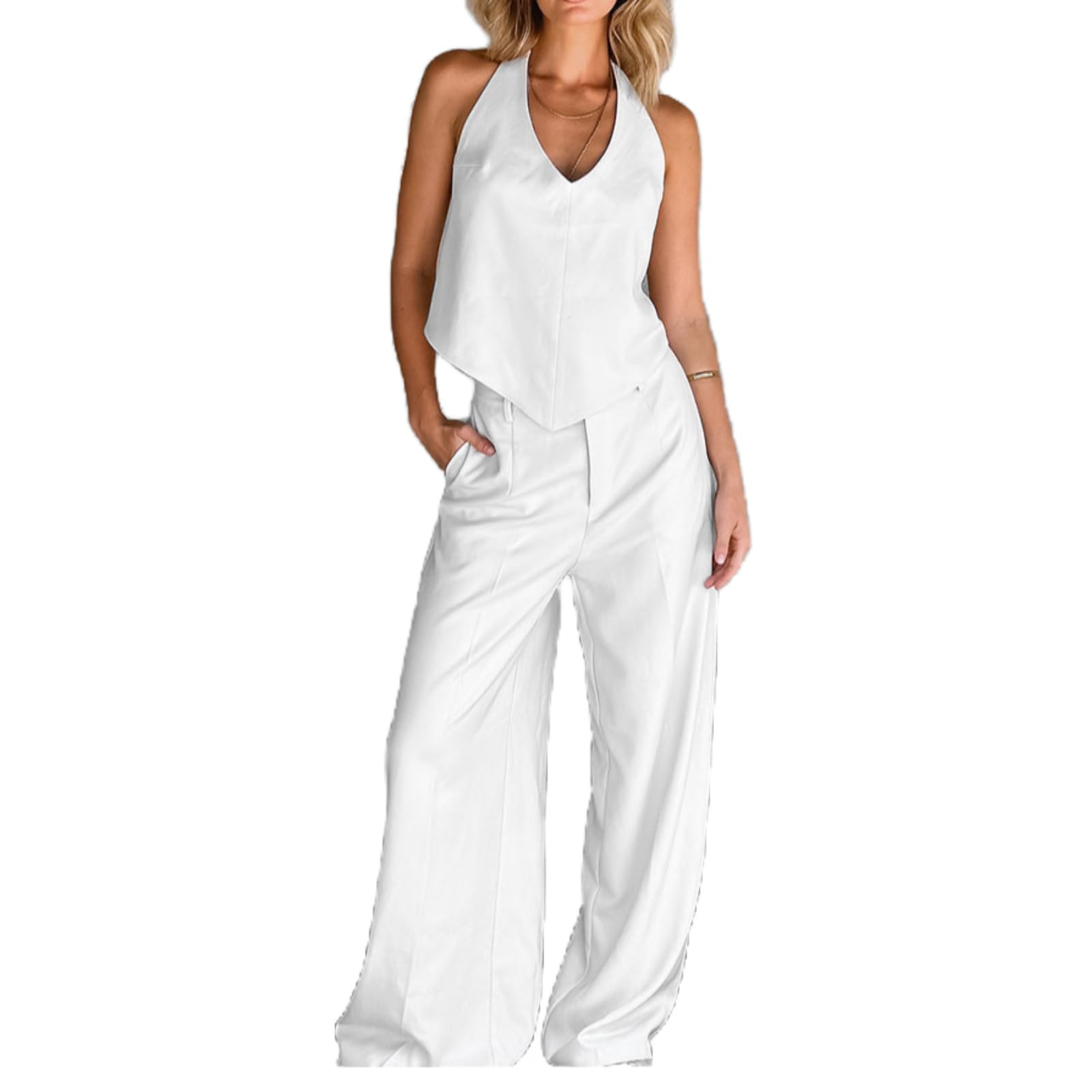 Women's 2-Piece Outfit - Sleeveless Halter Top & Wide Leg Pants Summer Casual Set | Beachwear, Vacation Outfits, Street Style Fashion
