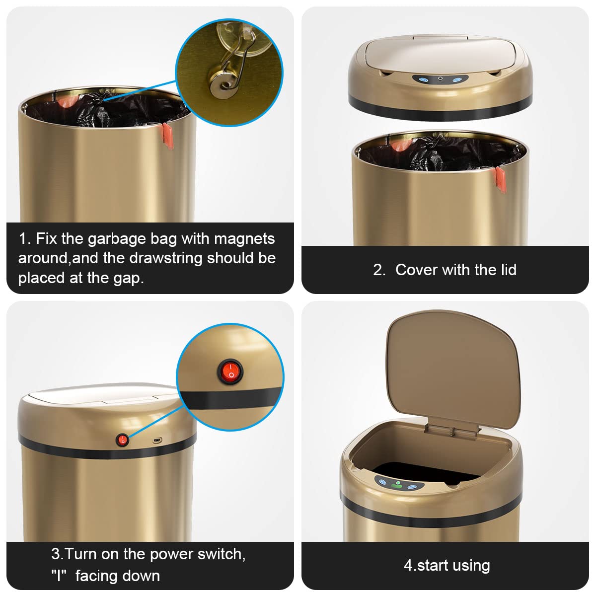 Smart Trash Can 3.5 Gallon Automatic Sealing Stainless Steel Garbage Bin - Touchless Sensor Trash Can with Odor Control for Kitchen, Bathroom, Office - Hands-Free Waste Disposal Solution (Champagne Gold)
